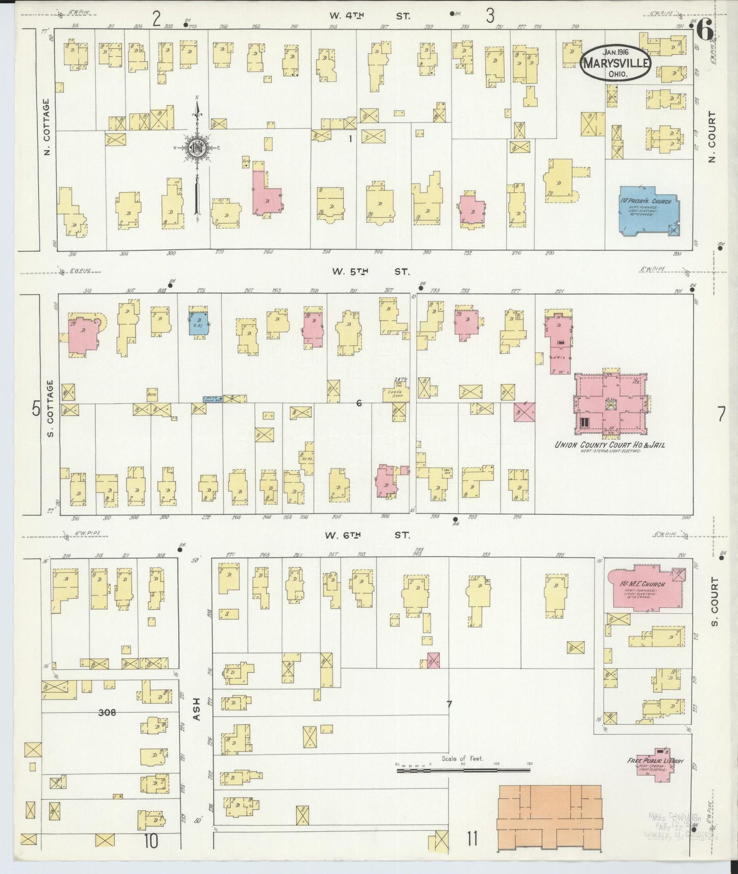 Sanborn Fire Insurance Map from Marysville, Union County, Ohio (1916), Sheet #0006 - Historic Sanborn Fire Insurance Map Print, vintage old map wall art, antique decor, genealogy gift, Ohio Ohio map