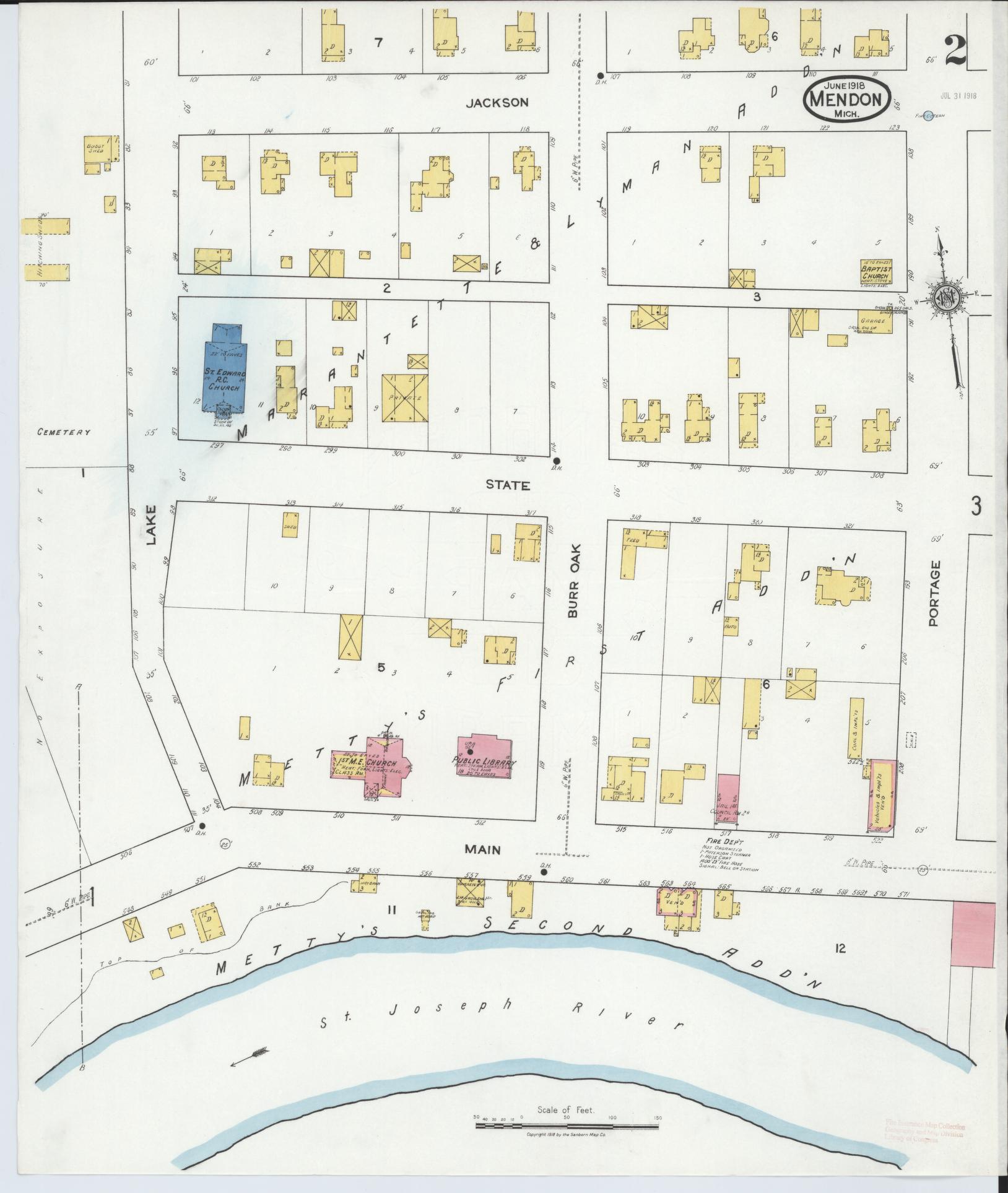Sanborn Fire Insurance Map from Mendon, Saint Joseph County, Michigan (1918), Sheet #0002 - Complete Map Set gallery image, historic Sanborn map, vintage wall art, Michigan Michigan