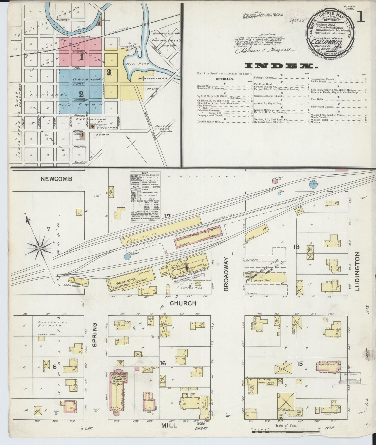 Sanborn Fire Insurance Map from Columbus, Columbia and Dodge County, Wisconsin (1892), Sheet #0001 - Historic Sanborn Fire Insurance Map Print, vintage old map wall art, antique decor, genealogy gift, Wisconsin Wisconsin map