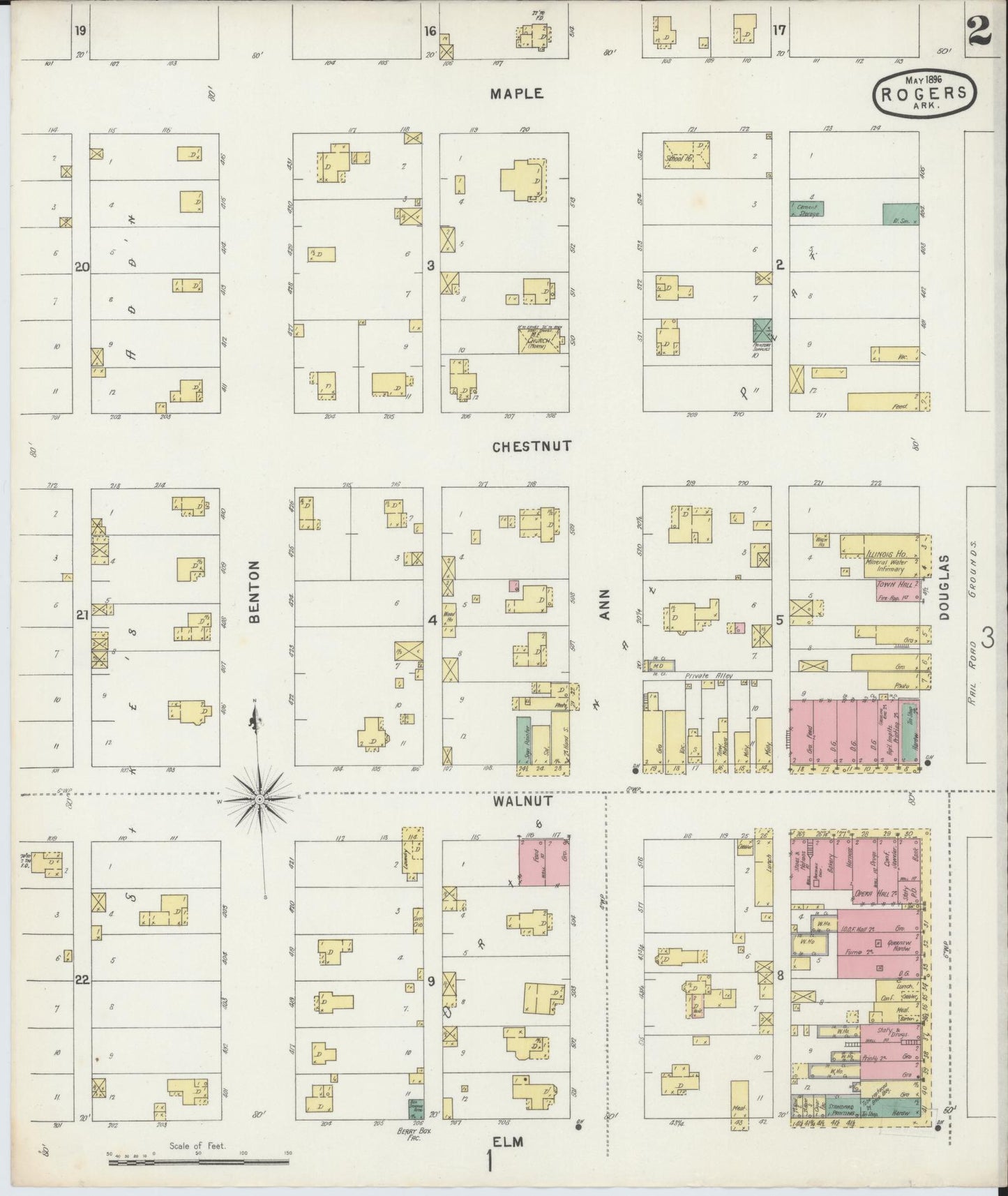 Sanborn Fire Insurance Map from Rogers, Benton County, Arkansas (1896), Sheet #0002 - Historic Sanborn Fire Insurance Map Print, vintage old map wall art, antique decor, genealogy gift, Arkansas Arkansas map