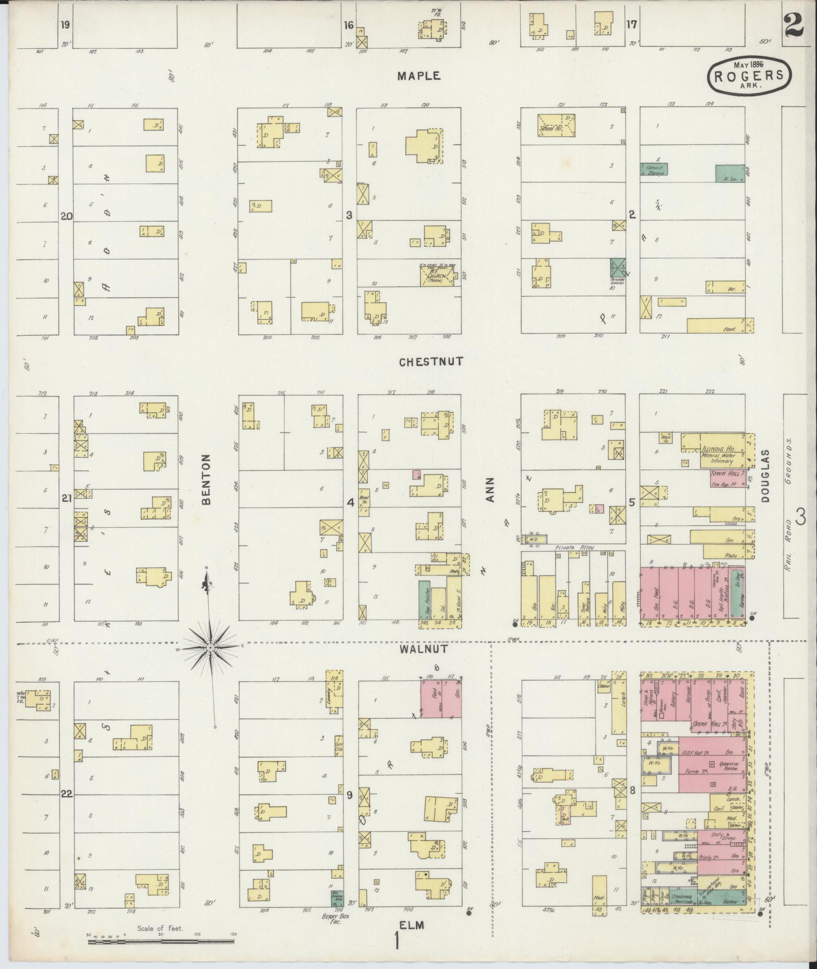 Sanborn Fire Insurance Map from Rogers, Benton County, Arkansas (1896), Sheet #0002 - Historic Sanborn Fire Insurance Map Print, vintage old map wall art, antique decor, genealogy gift, Arkansas Arkansas map