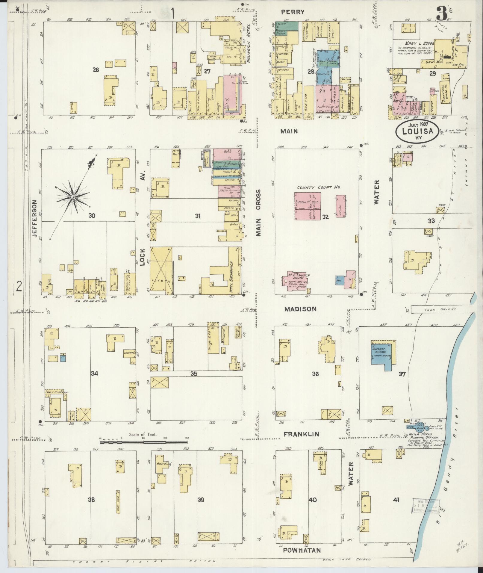 Sanborn Fire Insurance Map from Louisa, Lawrence County, Kentucky (1907), Sheet #0003 - Historic Sanborn Fire Insurance Map Print, vintage old map wall art, antique decor, genealogy gift, Kentucky Kentucky map