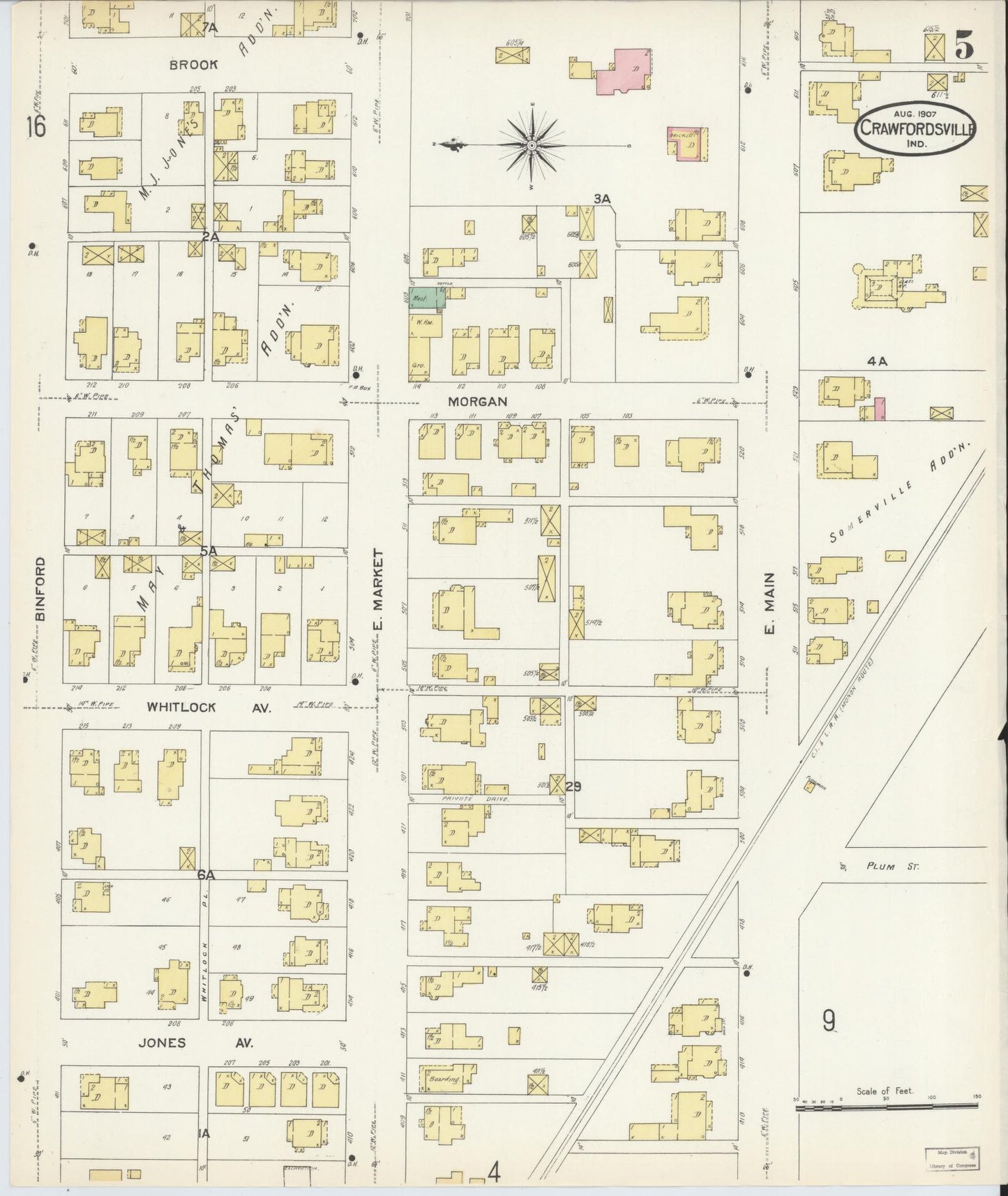 Sanborn Fire Insurance Map from Crawfordsville, Montgomery County, Indiana (1907), Sheet #0005 - Historic Sanborn Fire Insurance Map Print, vintage old map wall art, antique decor, genealogy gift, Indiana Indiana map