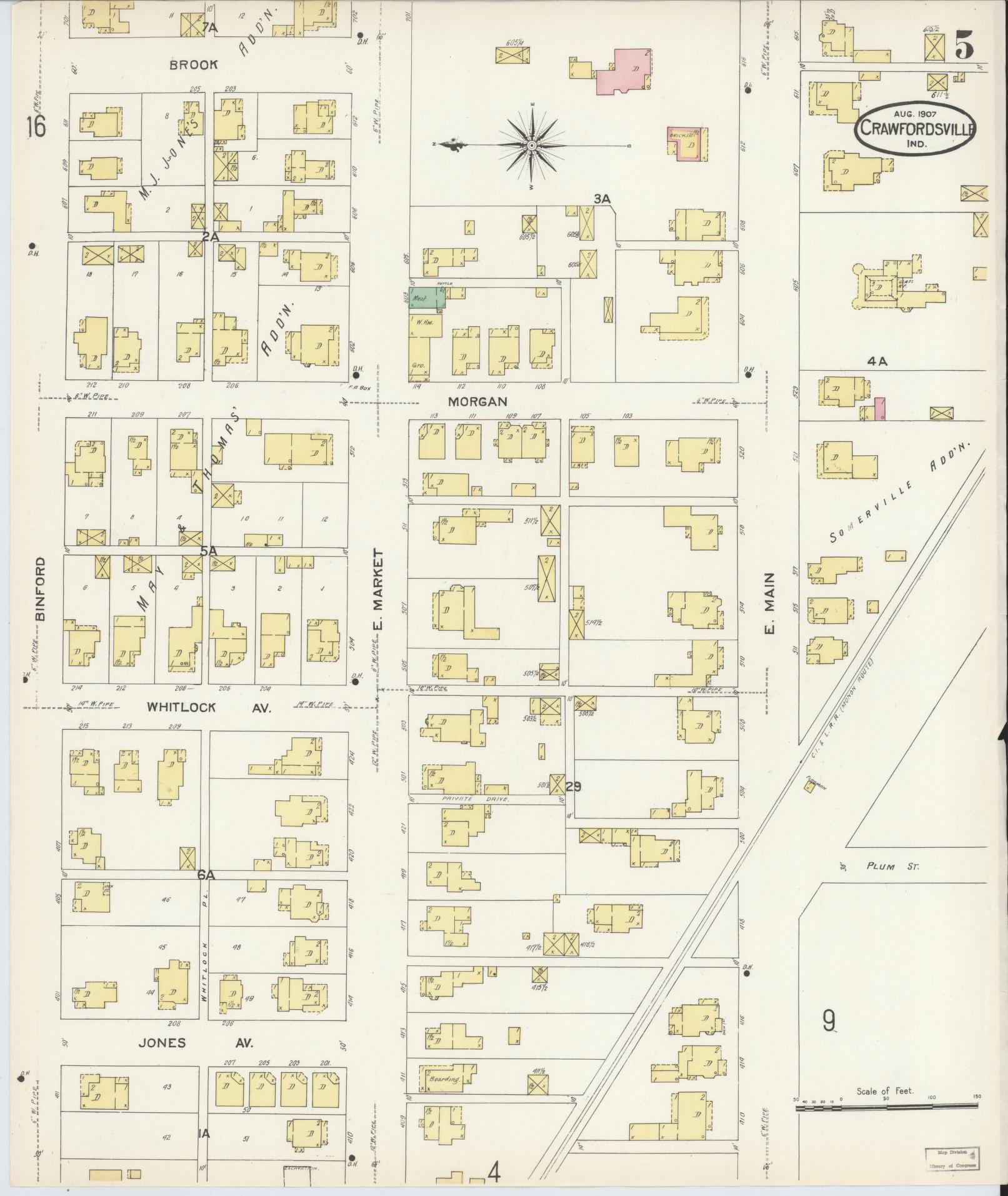 Sanborn Fire Insurance Map from Crawfordsville, Montgomery County, Indiana (1907), Sheet #0005 - Historic Sanborn Fire Insurance Map Print, vintage old map wall art, antique decor, genealogy gift, Indiana Indiana map