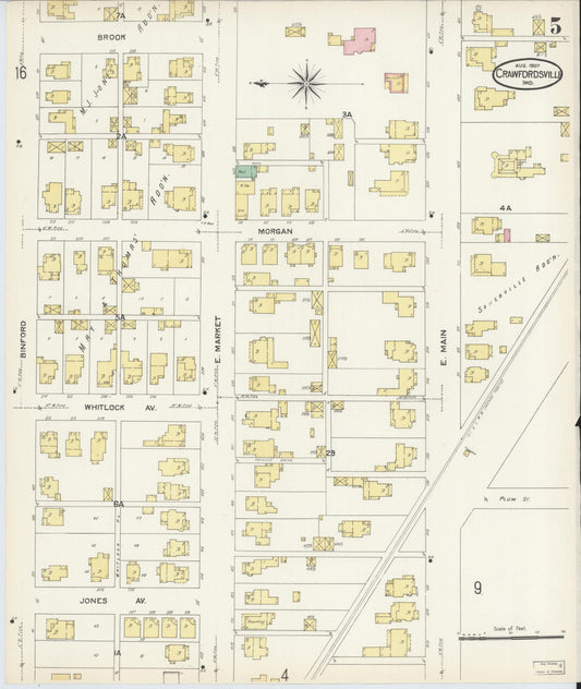 Sanborn Fire Insurance Map from Crawfordsville, Montgomery County, Indiana (1907), Sheet #0005 - Historic Sanborn Fire Insurance Map Print, vintage old map wall art, antique decor, genealogy gift, Indiana Indiana map