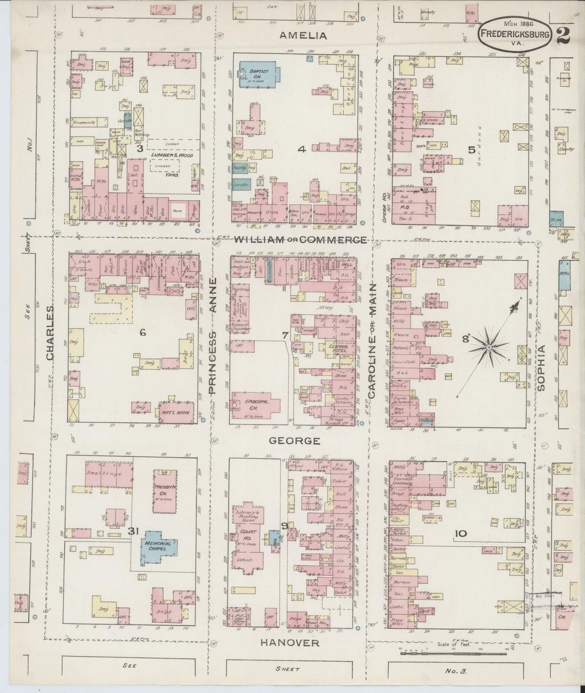 Sanborn Fire Insurance Map from Fredericksburg, Independent Cities, Virginia (1886), Sheet #0002 - Complete Map Set gallery image, historic Sanborn map, vintage wall art, Virginia Virginia