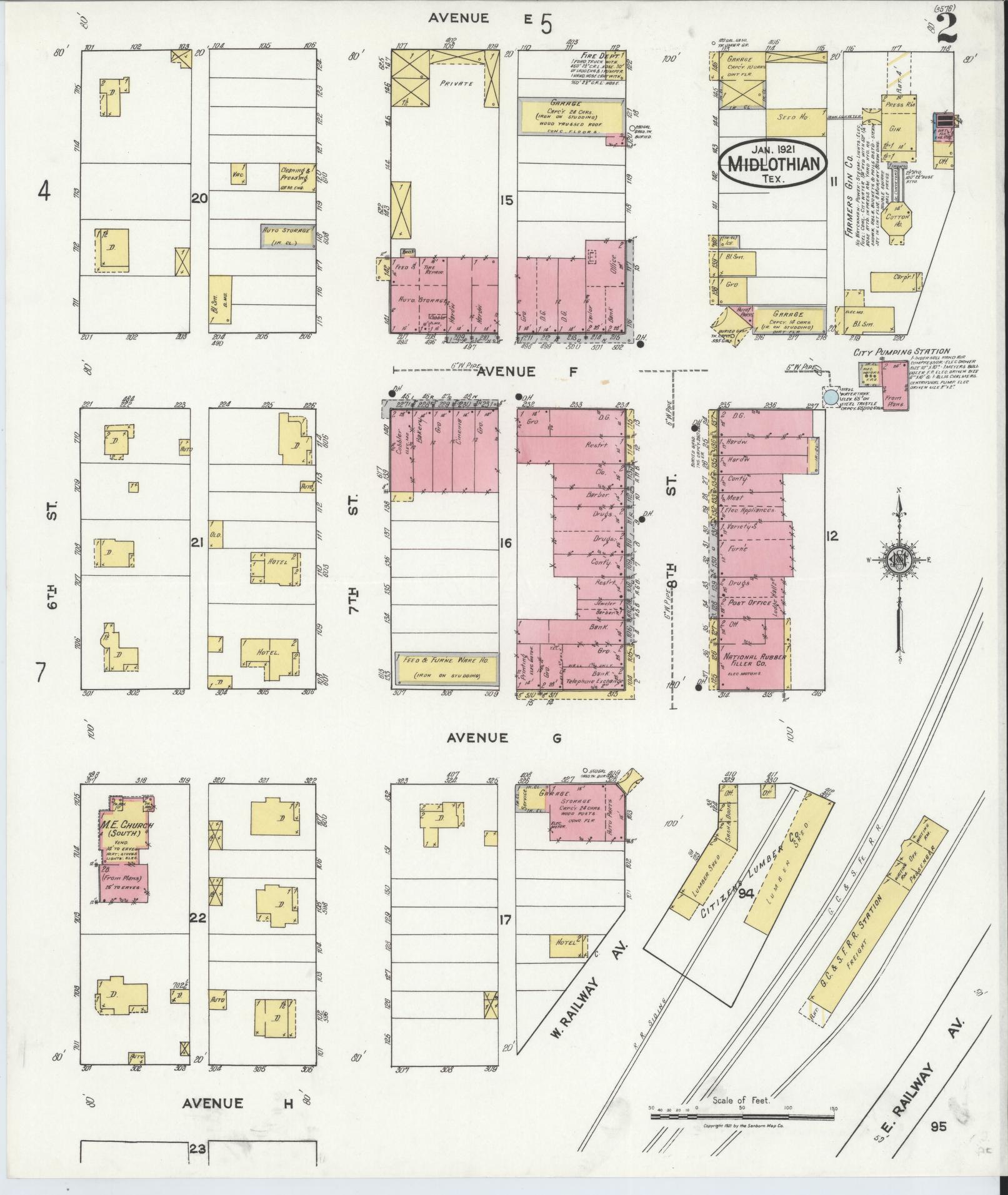 Sanborn Fire Insurance Map from Midlothian, Ellis County, Texas (1921), Sheet #0002 - Historic Sanborn Fire Insurance Map Print, vintage old map wall art, antique decor, genealogy gift, Texas Texas map
