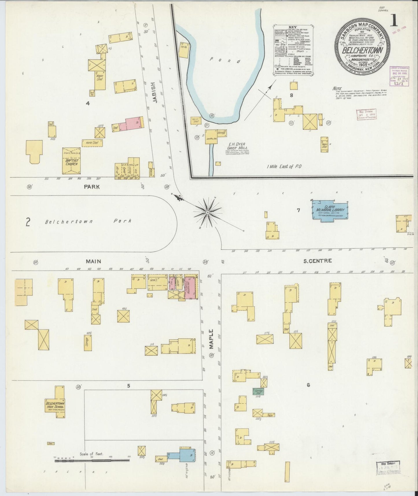 Sanborn Fire Insurance Map from Belchertown, Hampshire County, Massachusetts (1905), Sheet #0001 - Historic Sanborn Fire Insurance Map Print, vintage old map wall art, antique decor, genealogy gift, Massachusetts Massachusetts map