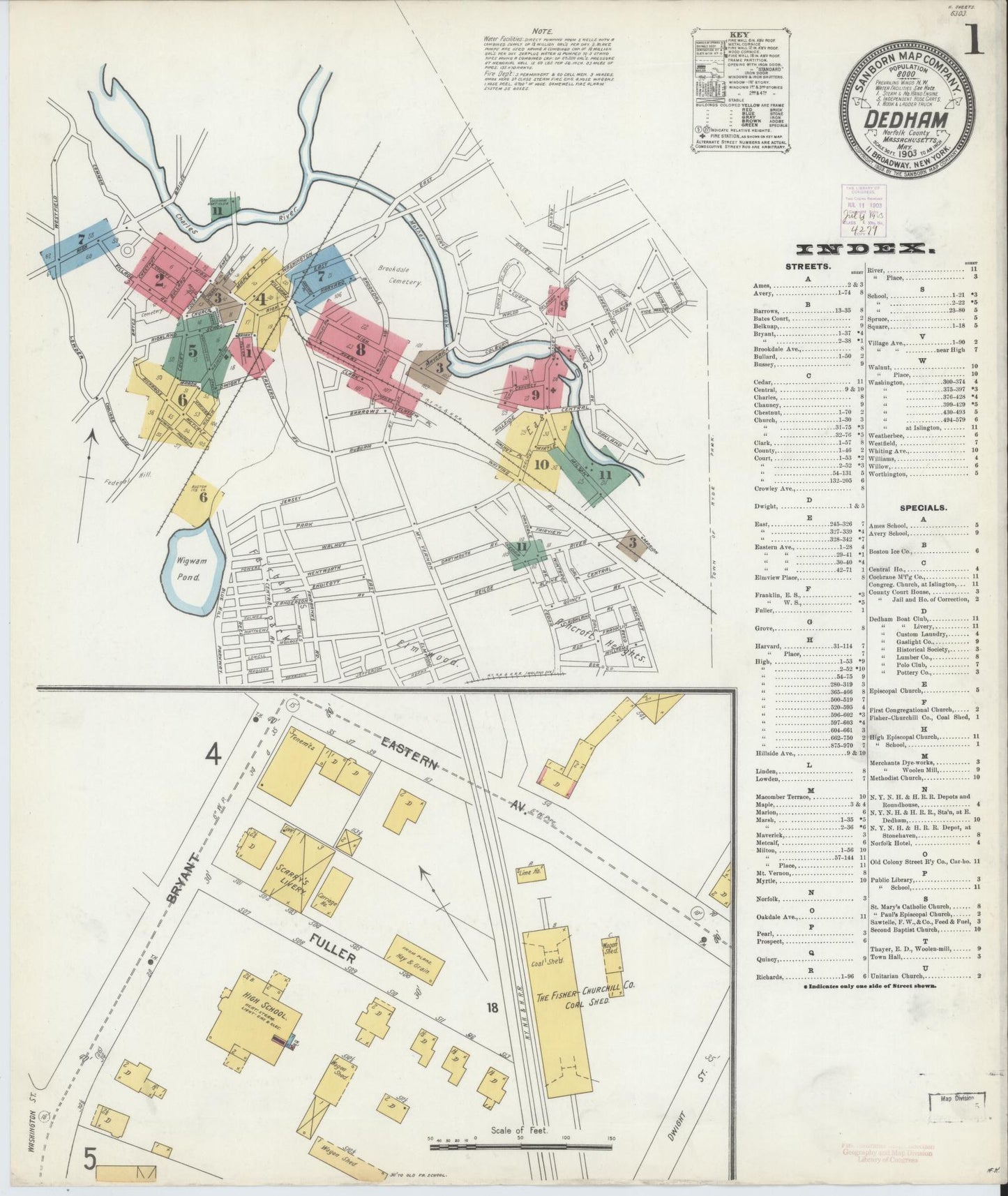 Sanborn Fire Insurance Map from Dedham, Norfolk County, Massachusetts (1903), Sheet #0001 - Complete Map Set gallery image, historic Sanborn map, vintage wall art, Massachusetts Massachusetts