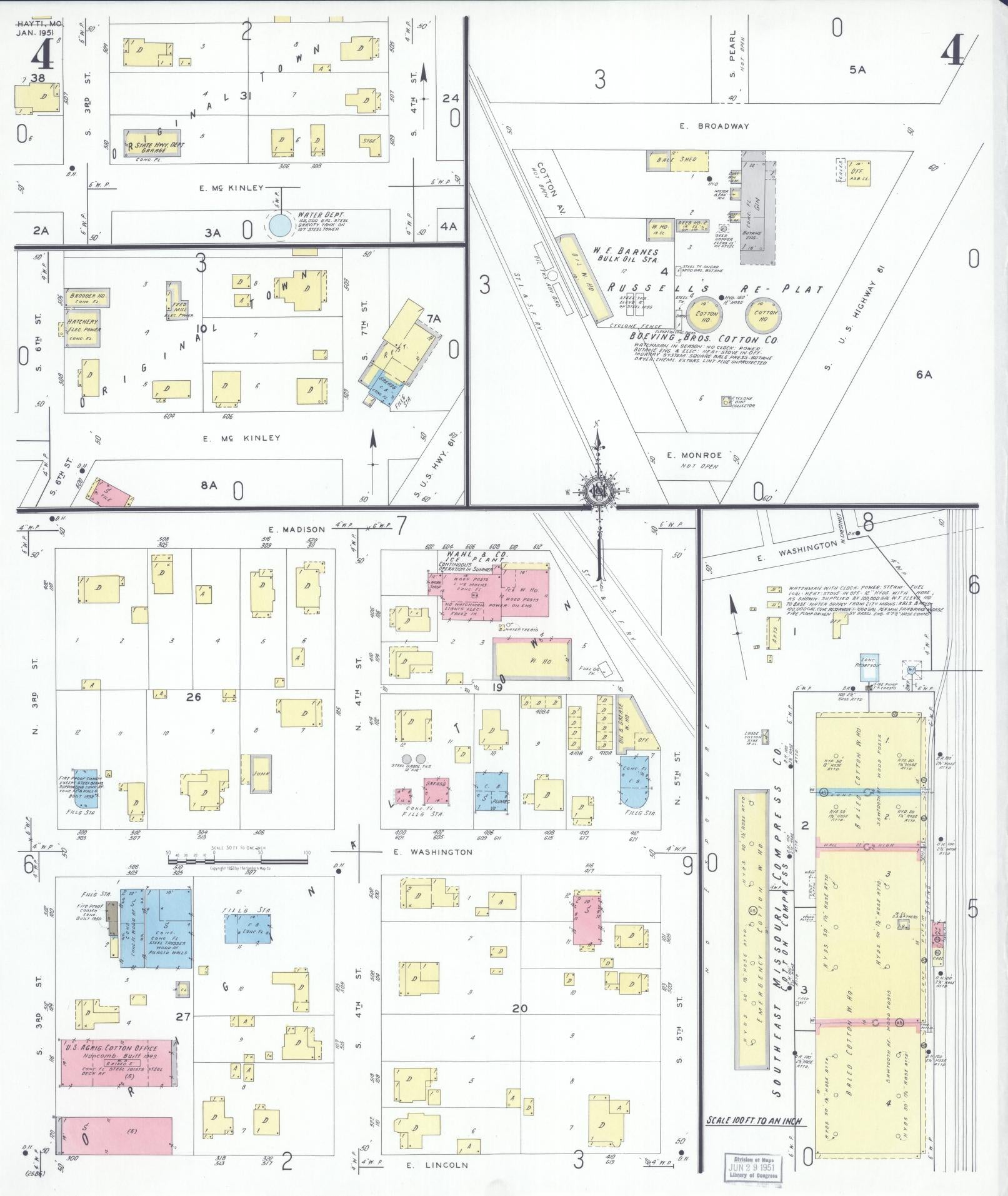 Sanborn Fire Insurance Map from Hayti, Pemiscot County, Missouri (1951), Sheet #0004 - Historic Sanborn Fire Insurance Map Print, vintage old map wall art, antique decor, genealogy gift, Missouri Missouri map