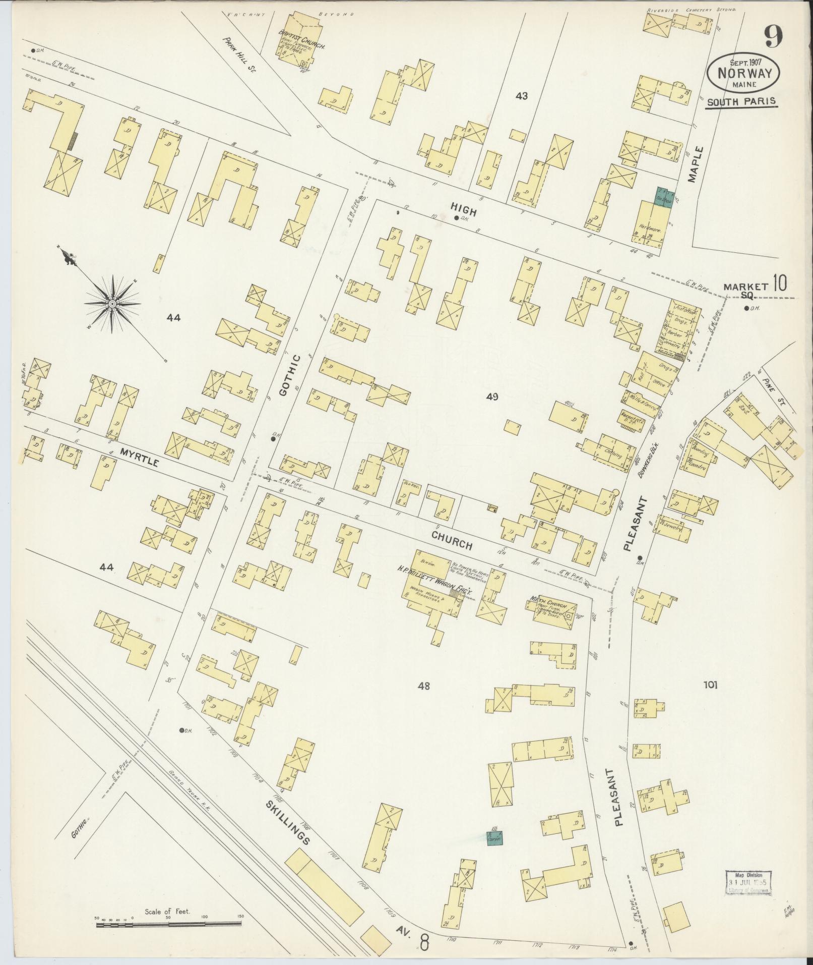 Sanborn Fire Insurance Map from Norway, Oxford County, Maine (1907), Sheet #0009 - Historic Sanborn Fire Insurance Map Print, vintage old map wall art, antique decor, genealogy gift, Maine Maine map