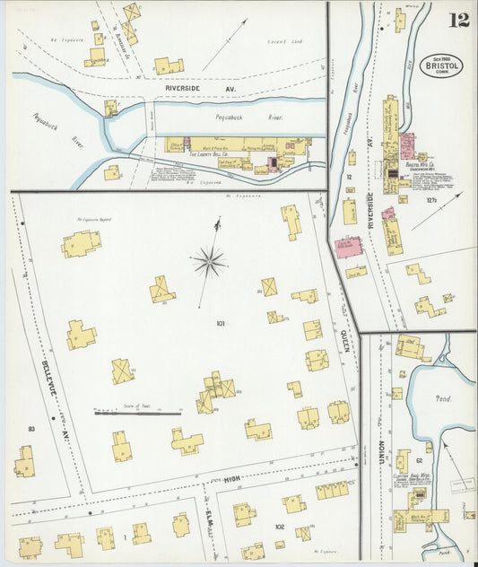 Sanborn Fire Insurance Map from Bristol, Hartford County, Connecticut (1900), Sheet #0012 - Historic Sanborn Fire Insurance Map Print, vintage old map wall art, antique decor, genealogy gift, Connecticut Connecticut map