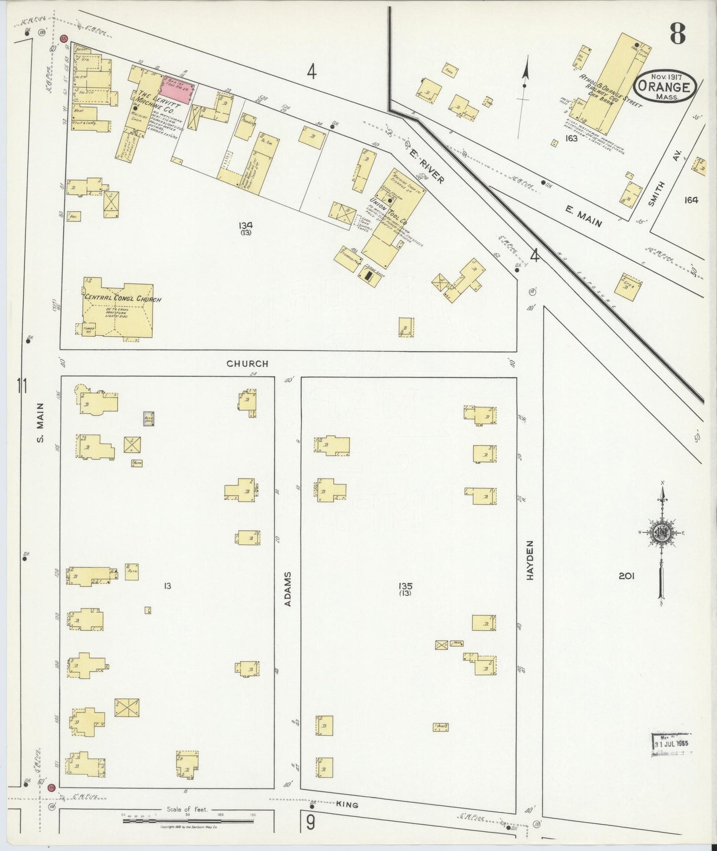 Sanborn Fire Insurance Map from Orange, Franklin County, Massachusetts (1917), Sheet #0008 - Historic Sanborn Fire Insurance Map Print, vintage old map wall art, antique decor, genealogy gift, Massachusetts Massachusetts map
