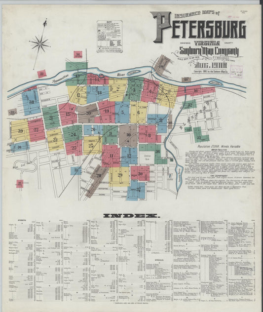 Sanborn Fire Insurance Map from Petersburg, Independent Cities, Virginia (1908), Sheet #0001 - Historic Sanborn Fire Insurance Map Print, vintage old map wall art, antique decor, genealogy gift, Virginia Virginia map