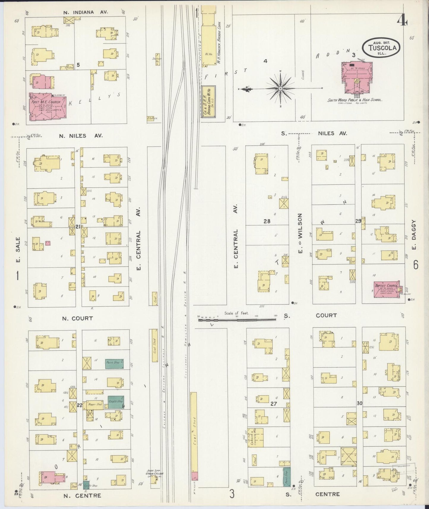 Sanborn Fire Insurance Map from Tuscola, Douglas County, Illinois (1907), Sheet #0004 - Historic Sanborn Fire Insurance Map Print, vintage old map wall art, antique decor, genealogy gift, Illinois Illinois map