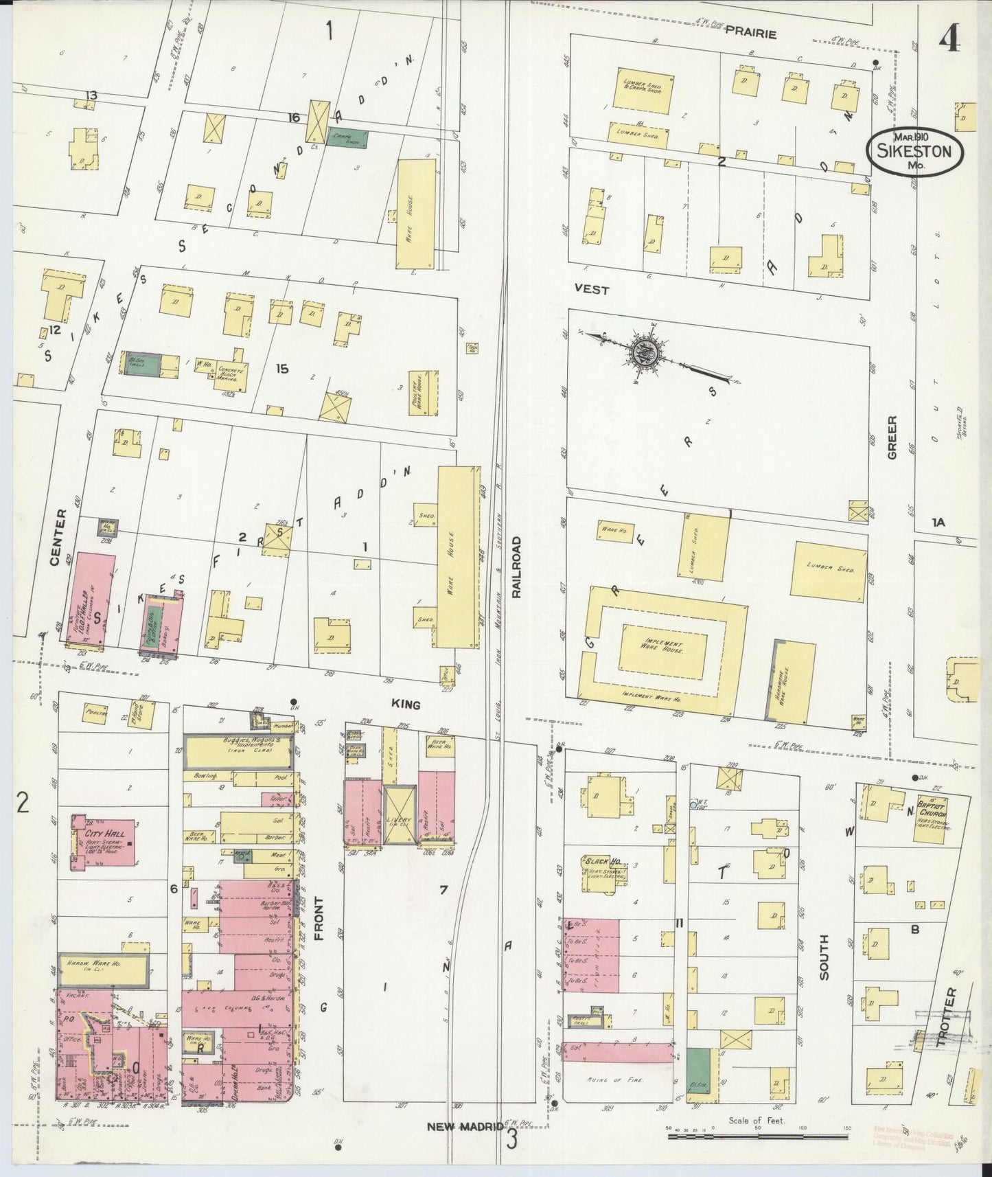 Sanborn Fire Insurance Map from Sikeston, Scott County, Missouri (1910), Sheet #0004 - Historic Sanborn Fire Insurance Map Print, vintage old map wall art, antique decor, genealogy gift, Missouri Missouri map