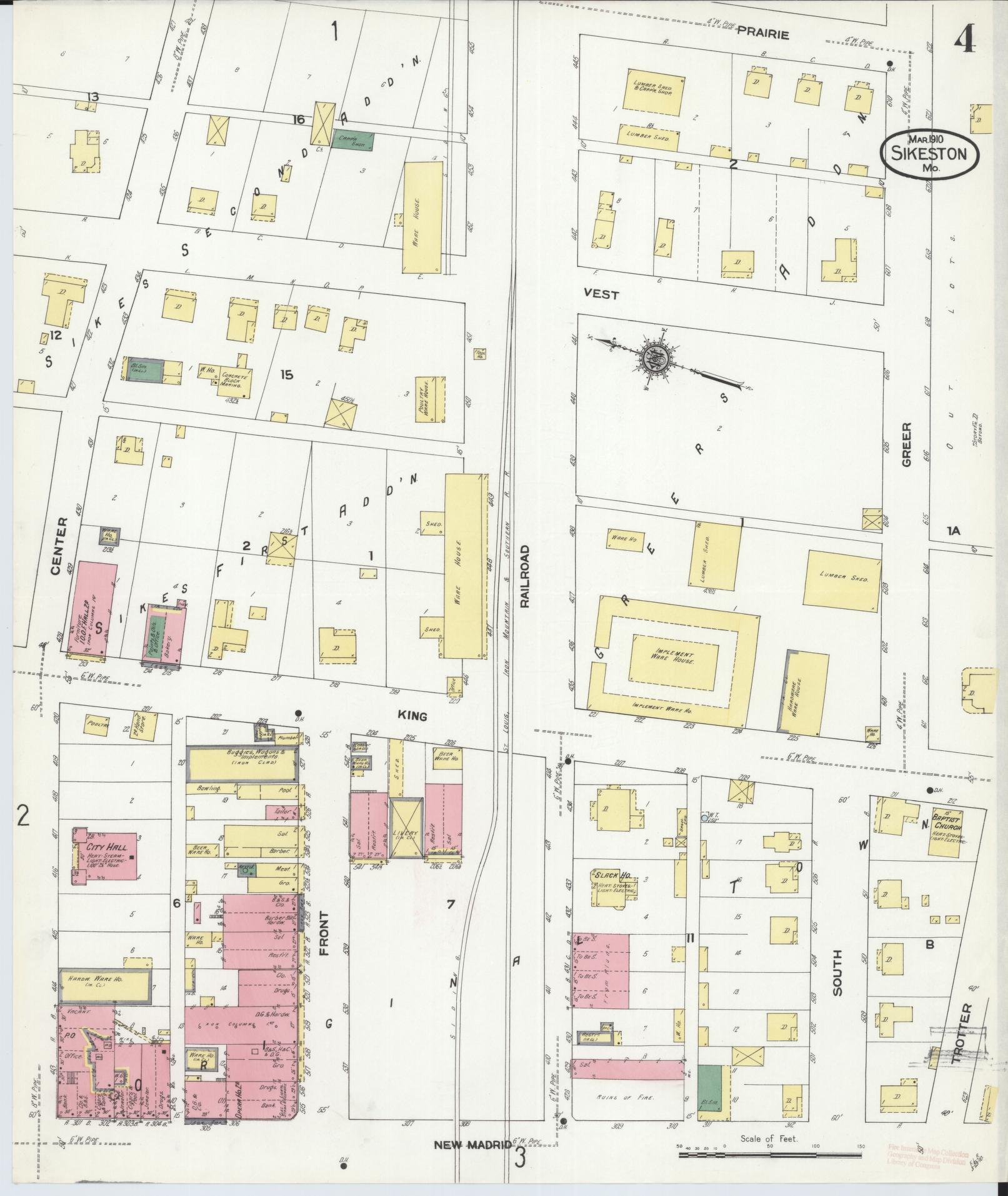 Sanborn Fire Insurance Map from Sikeston, Scott County, Missouri (1910), Sheet #0004 - Historic Sanborn Fire Insurance Map Print, vintage old map wall art, antique decor, genealogy gift, Missouri Missouri map