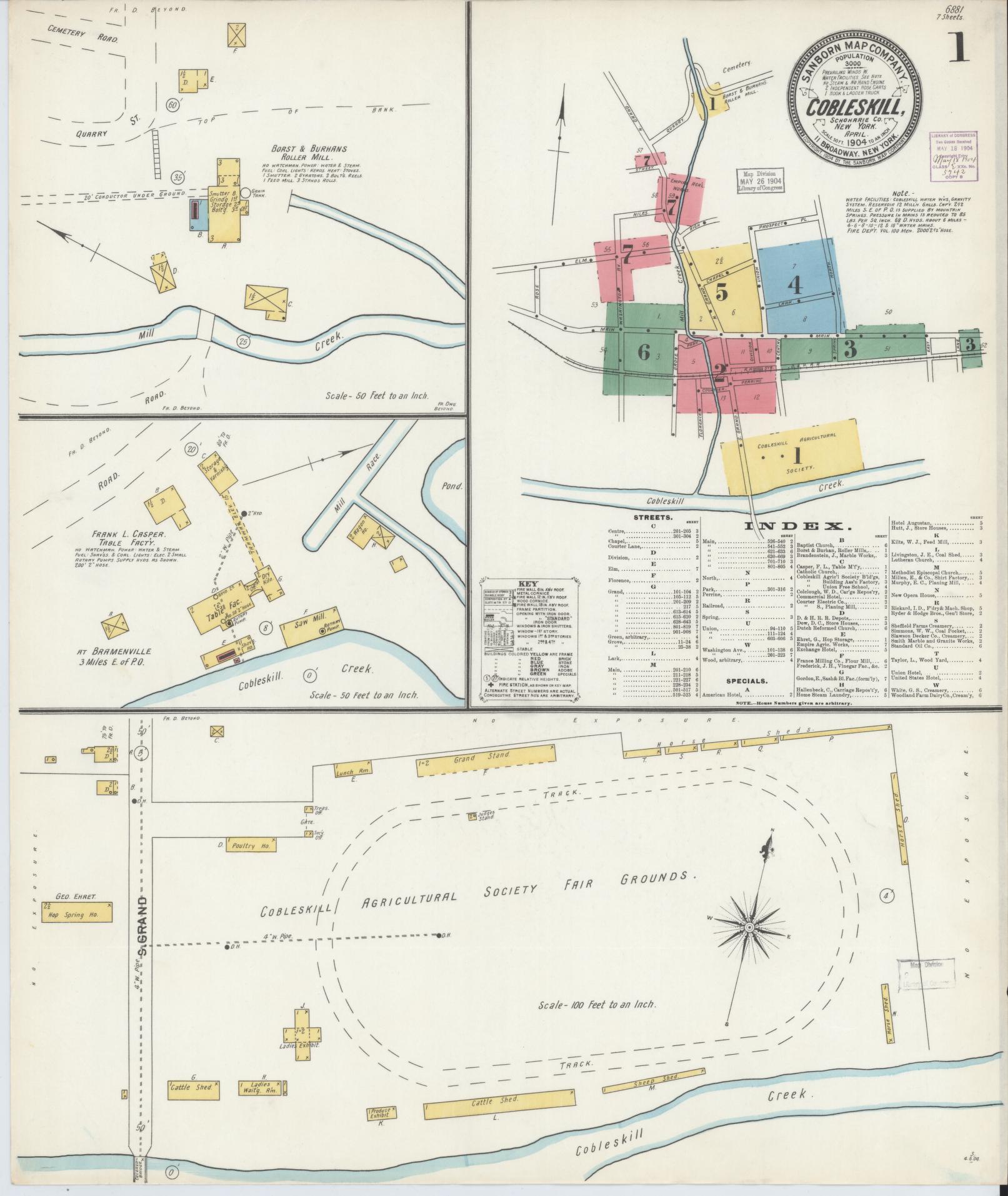 Sanborn Fire Insurance Map from Cobleskill, Schoharie County, New York (1904), Sheet #0001 - Historic Sanborn Fire Insurance Map Print, vintage old map wall art, antique decor, genealogy gift, New York New York map