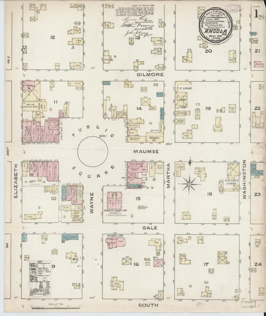 Sanborn Fire Insurance Map from Angola, Steuben County, Indiana (1886), Sheet #0001 - Historic Sanborn Fire Insurance Map Print, vintage old map wall art, antique decor, genealogy gift, Indiana Indiana map