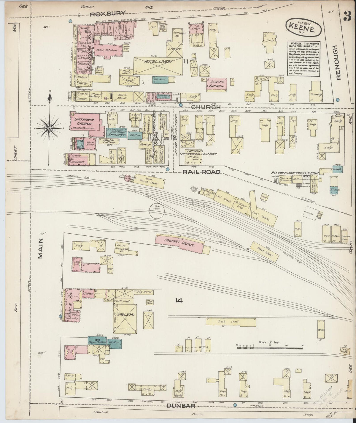 Sanborn Fire Insurance Map from Keene, Cheshire County, New Hampshire (1884), Sheet #0003 - Complete Map Set gallery image, historic Sanborn map, vintage wall art, New Hampshire New Hampshire
