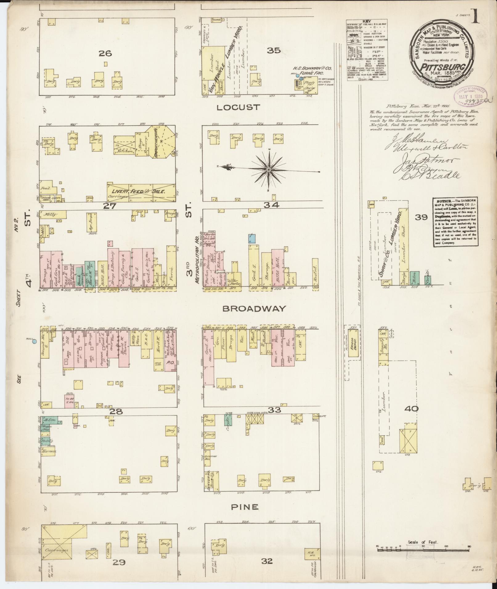 Sanborn Fire Insurance Map from Pittsburg, Crawford County, Kansas (1885), Sheet #0001 - Historic Sanborn Fire Insurance Map Print, vintage old map wall art, antique decor, genealogy gift, Kansas Kansas map