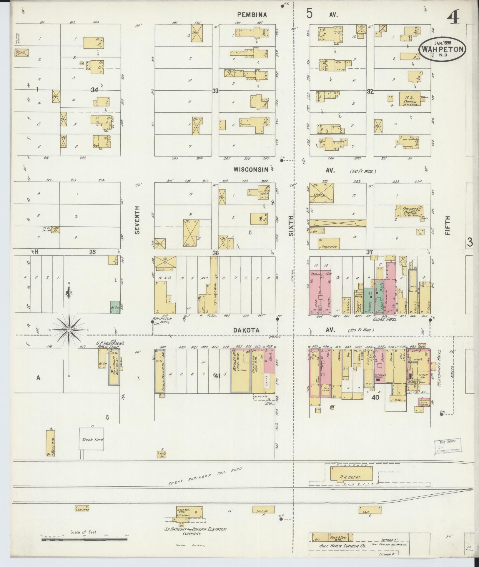 Sanborn Fire Insurance Map from Wahpeton, Richland County, North Dakota (1898), Sheet #0004 - Historic Sanborn Fire Insurance Map Print, vintage old map wall art, antique decor, genealogy gift, North Dakota North Dakota map