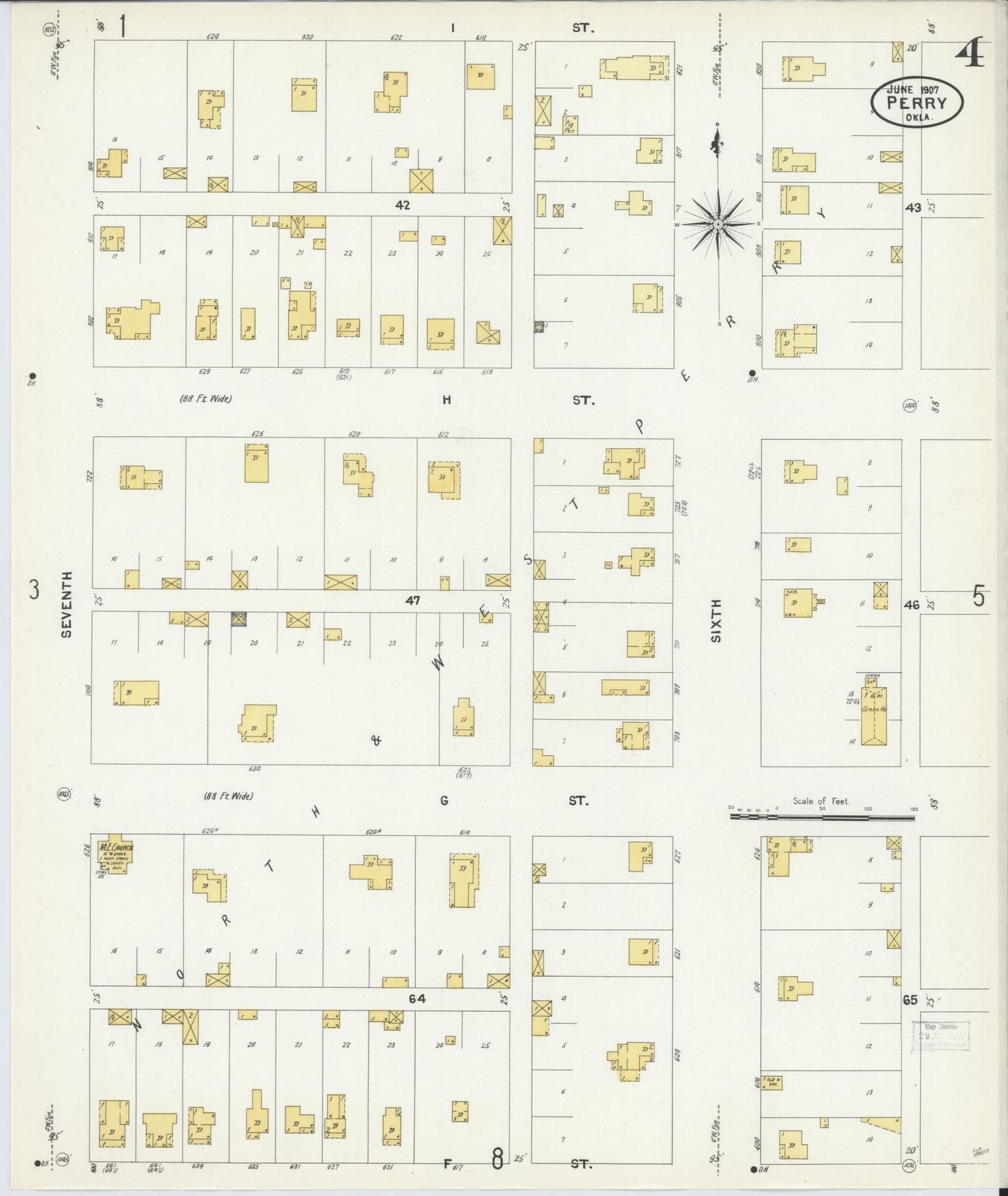 Sanborn Fire Insurance Map from Perry, Noble County, Oklahoma (1907), Sheet #0004 - Complete Map Set gallery image, historic Sanborn map, vintage wall art, Oklahoma Oklahoma