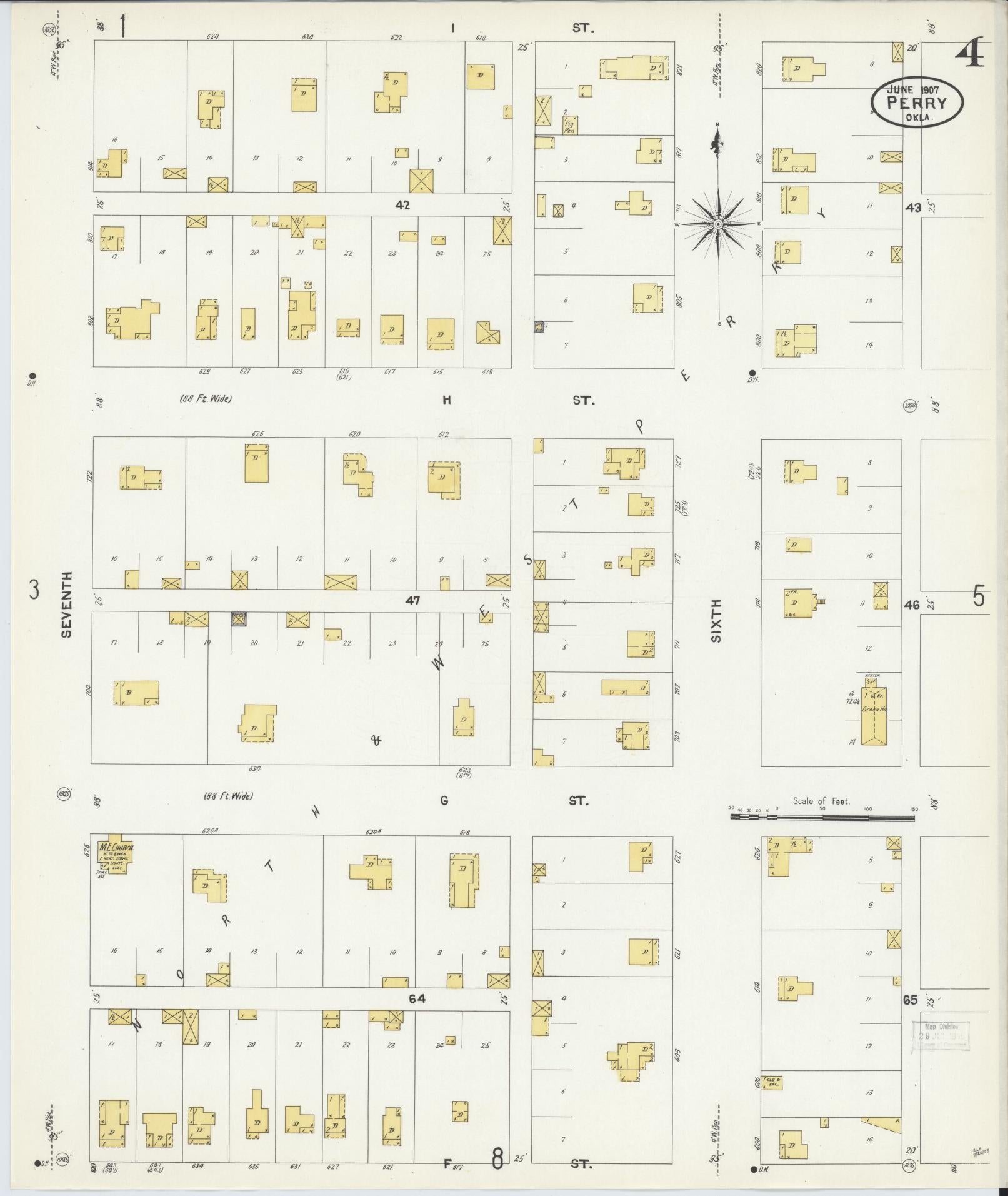 Sanborn Fire Insurance Map from Perry, Noble County, Oklahoma (1907), Sheet #0004 - Complete Map Set gallery image, historic Sanborn map, vintage wall art, Oklahoma Oklahoma
