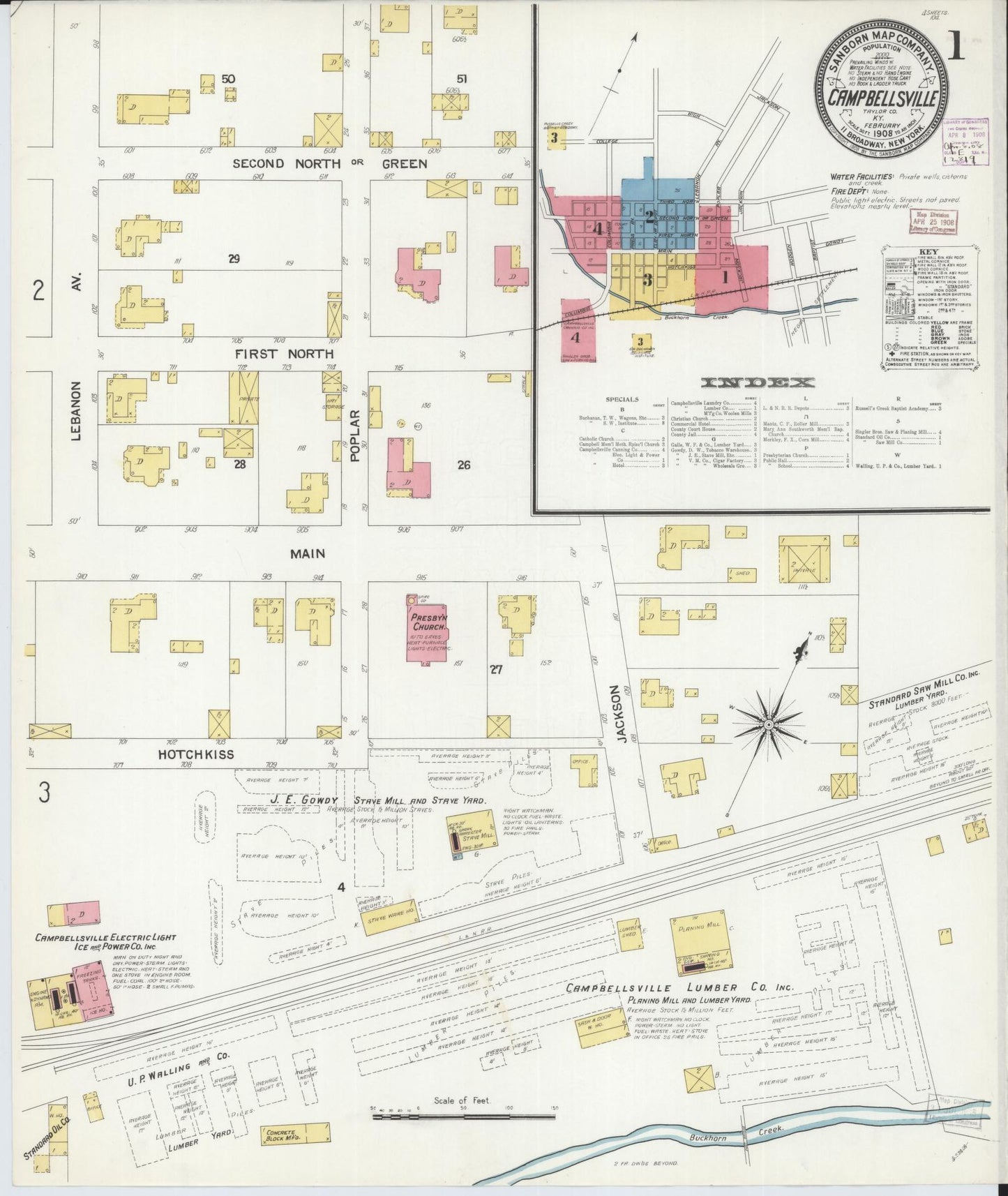 Sanborn Fire Insurance Map from Campbellsville, Taylor County, Kentucky (1908), Sheet #0001 - Complete Map Set gallery image, historic Sanborn map, vintage wall art, Kentucky Kentucky