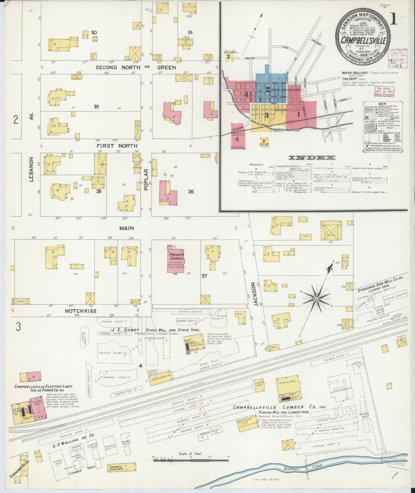Sanborn Fire Insurance Map from Campbellsville, Taylor County, Kentucky (1908), Sheet #0001 - Complete Map Set gallery image, historic Sanborn map, vintage wall art, Kentucky Kentucky