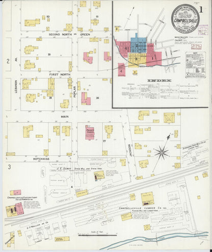Sanborn Fire Insurance Map from Campbellsville, Taylor County, Kentucky (1908), Sheet #0001 - Complete Map Set gallery image, historic Sanborn map, vintage wall art, Kentucky Kentucky