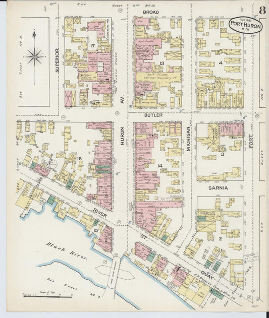 Sanborn Fire Insurance Map from Port Huron, Saint Clair County, Michigan (1887), Sheet #0008 - Historic Sanborn Fire Insurance Map Print, vintage old map wall art, antique decor, genealogy gift, Michigan Michigan map