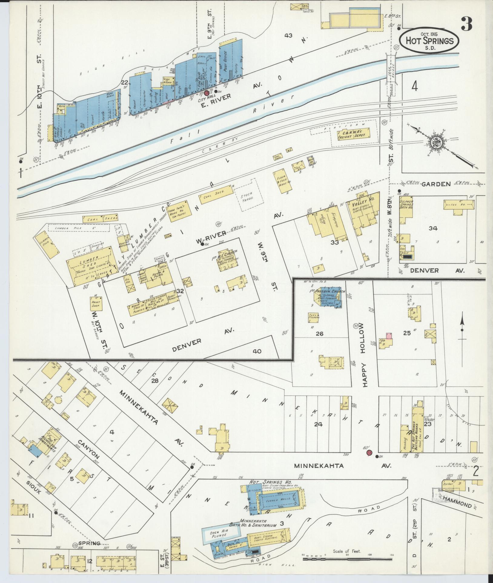 Sanborn Fire Insurance Map from Hot Springs, Fall River County, South Dakota (1915), Sheet #0003 - Complete Map Set gallery image, historic Sanborn map, vintage wall art, South Dakota South Dakota