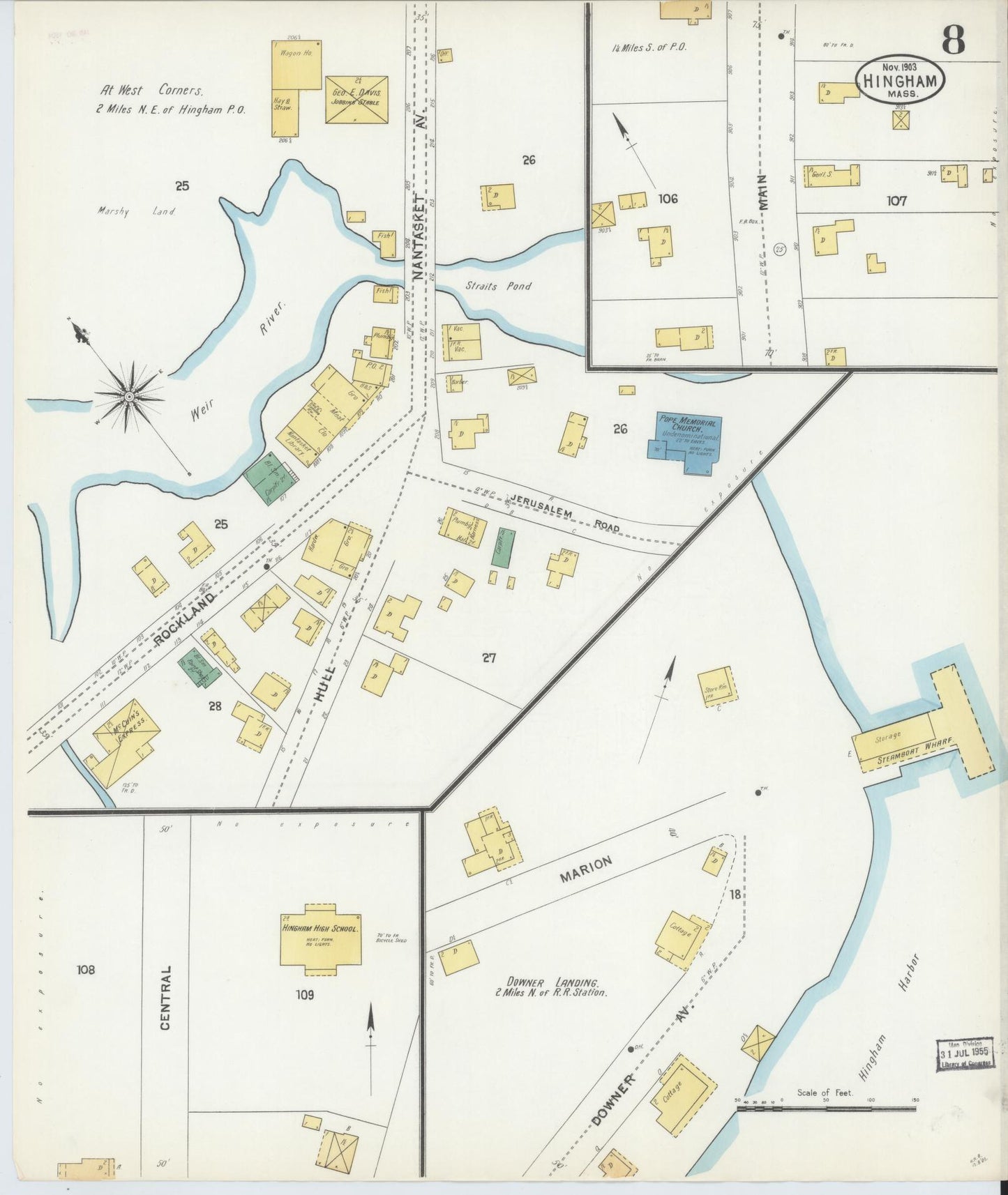 Sanborn Fire Insurance Map from Hingham, Plymouth County, Massachusetts (1903), Sheet #0008 - Historic Sanborn Fire Insurance Map Print, vintage old map wall art, antique decor, genealogy gift, Massachusetts Massachusetts map