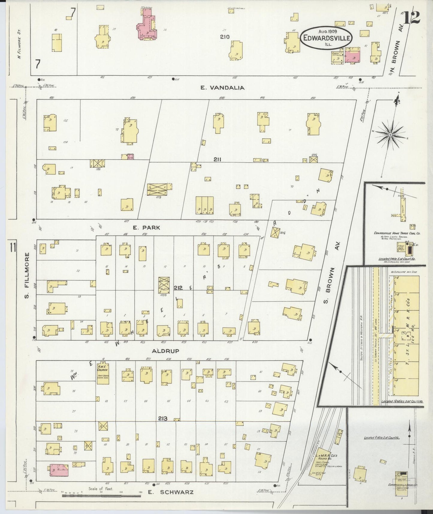 Sanborn Fire Insurance Map from Edwardsville, Madison County, Illinois (1909), Sheet #0012 - Historic Sanborn Fire Insurance Map Print, vintage old map wall art, antique decor, genealogy gift, Illinois Illinois map