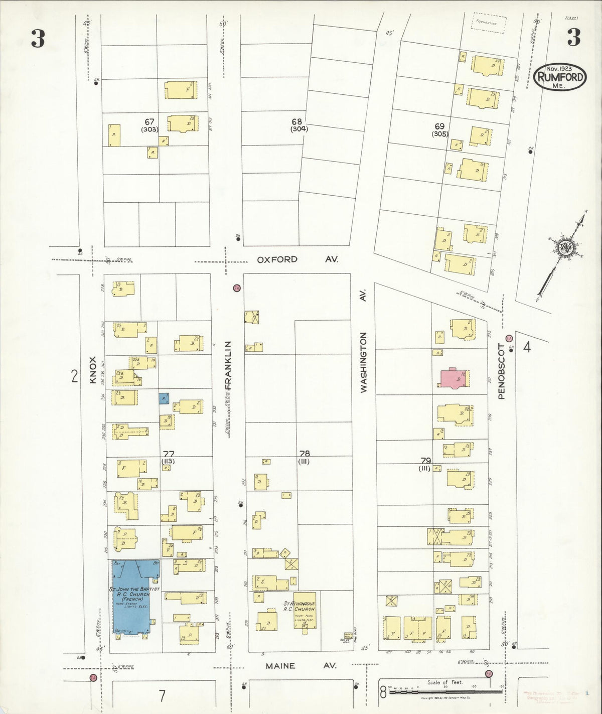 Sanborn Fire Insurance Map from Rumford, Oxford County, Maine (1923), Sheet #0003 - Complete Map Set gallery image, historic Sanborn map, vintage wall art, Maine Maine