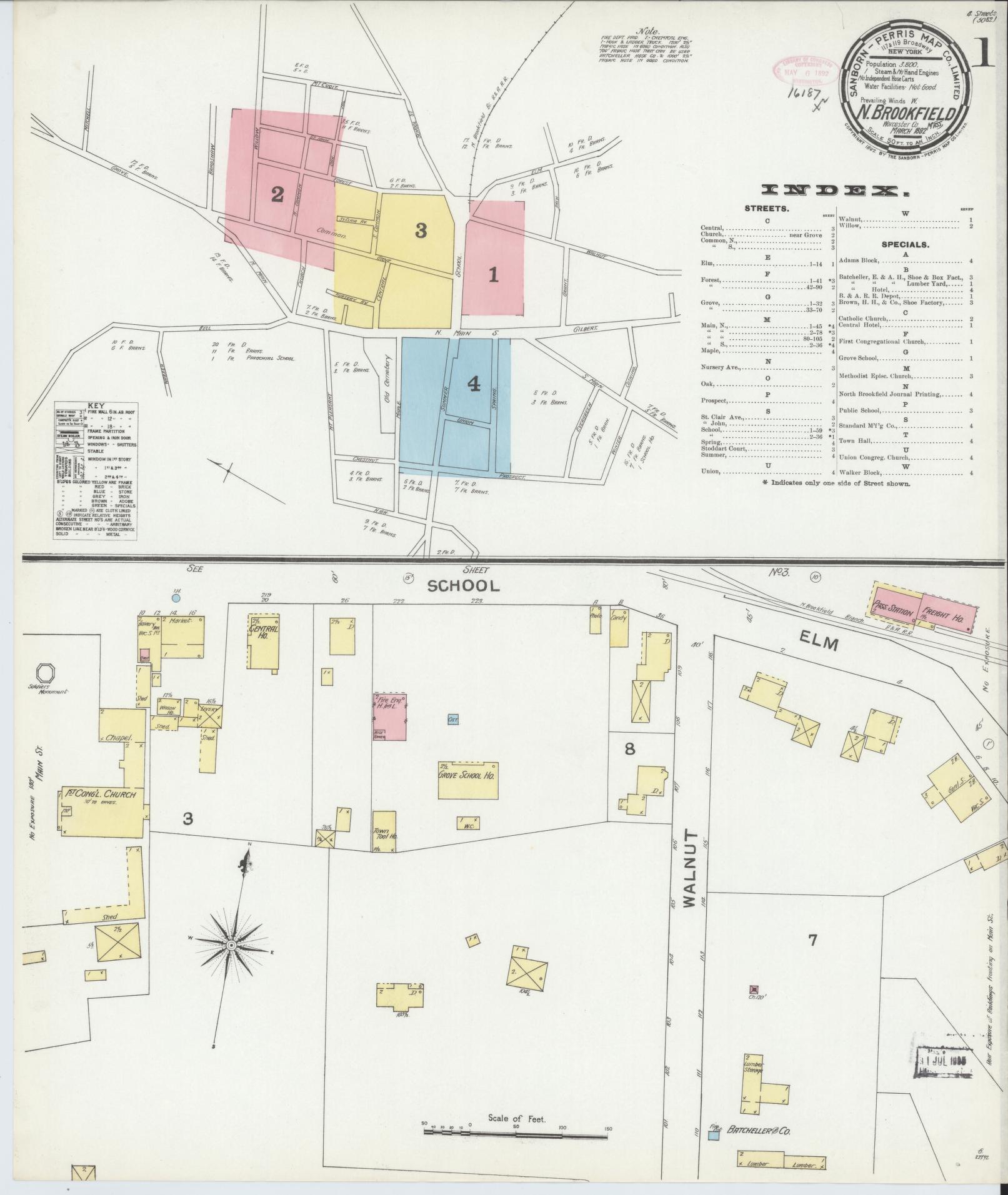 Sanborn Fire Insurance Map from North Brookfield, Worcester County, Massachusetts (1892), Sheet #0001 - Complete Map Set gallery image, historic Sanborn map, vintage wall art, Massachusetts Massachusetts