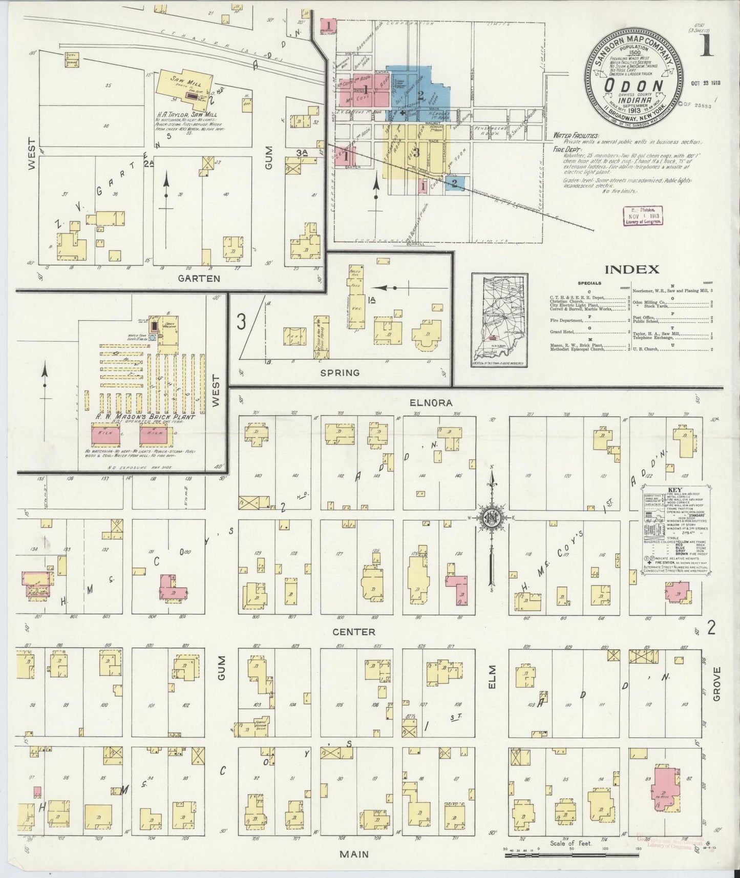 Sanborn Fire Insurance Map from Odon, Daviess County, Indiana (1913), Sheet #0001 - Complete Map Set gallery image, historic Sanborn map, vintage wall art, Indiana Indiana