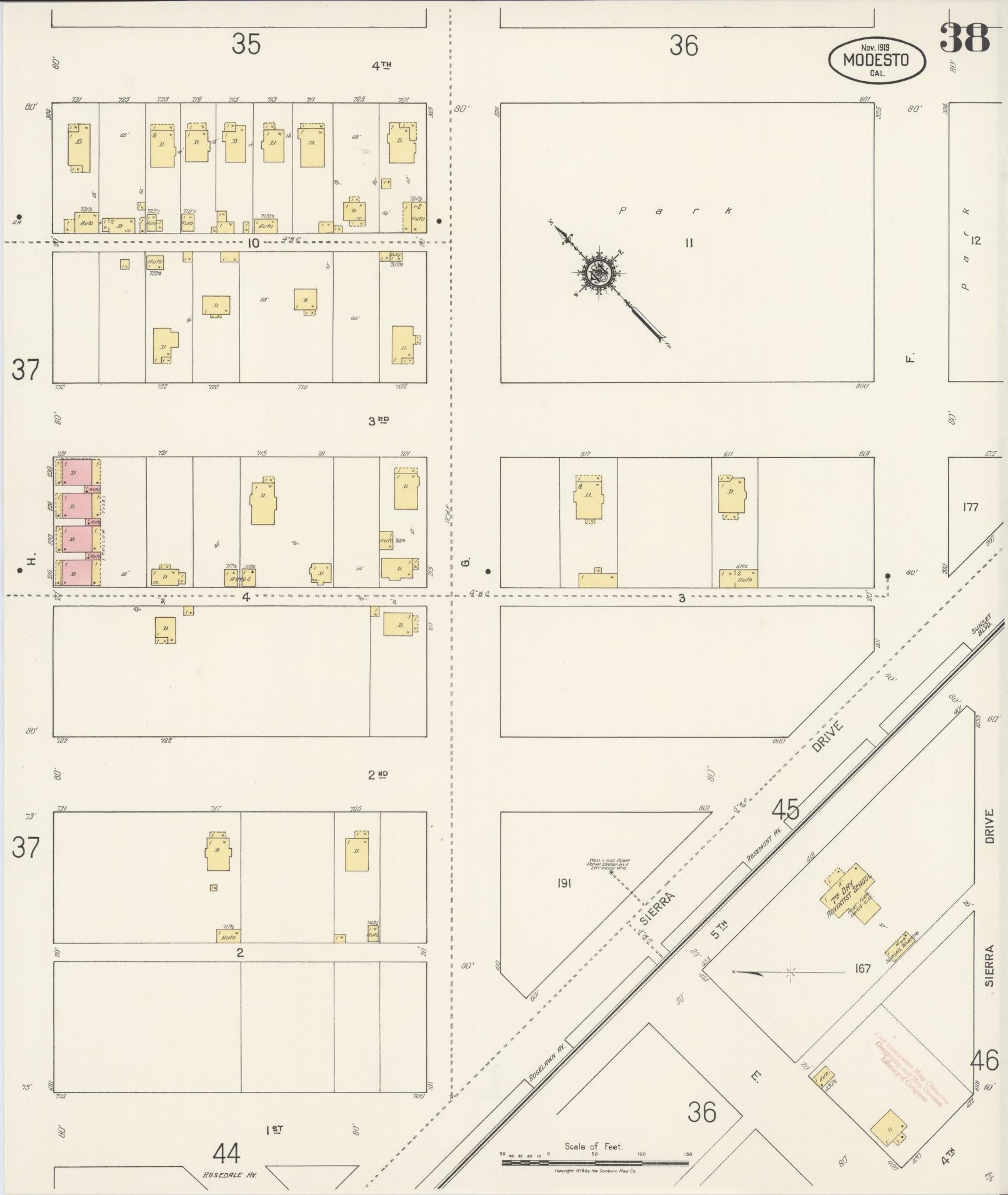Sanborn Fire Insurance Map from Modesto, Stanislaus County, California (1919), Sheet #0038 - Historic Sanborn Fire Insurance Map Print, vintage old map wall art, antique decor, genealogy gift, California California map
