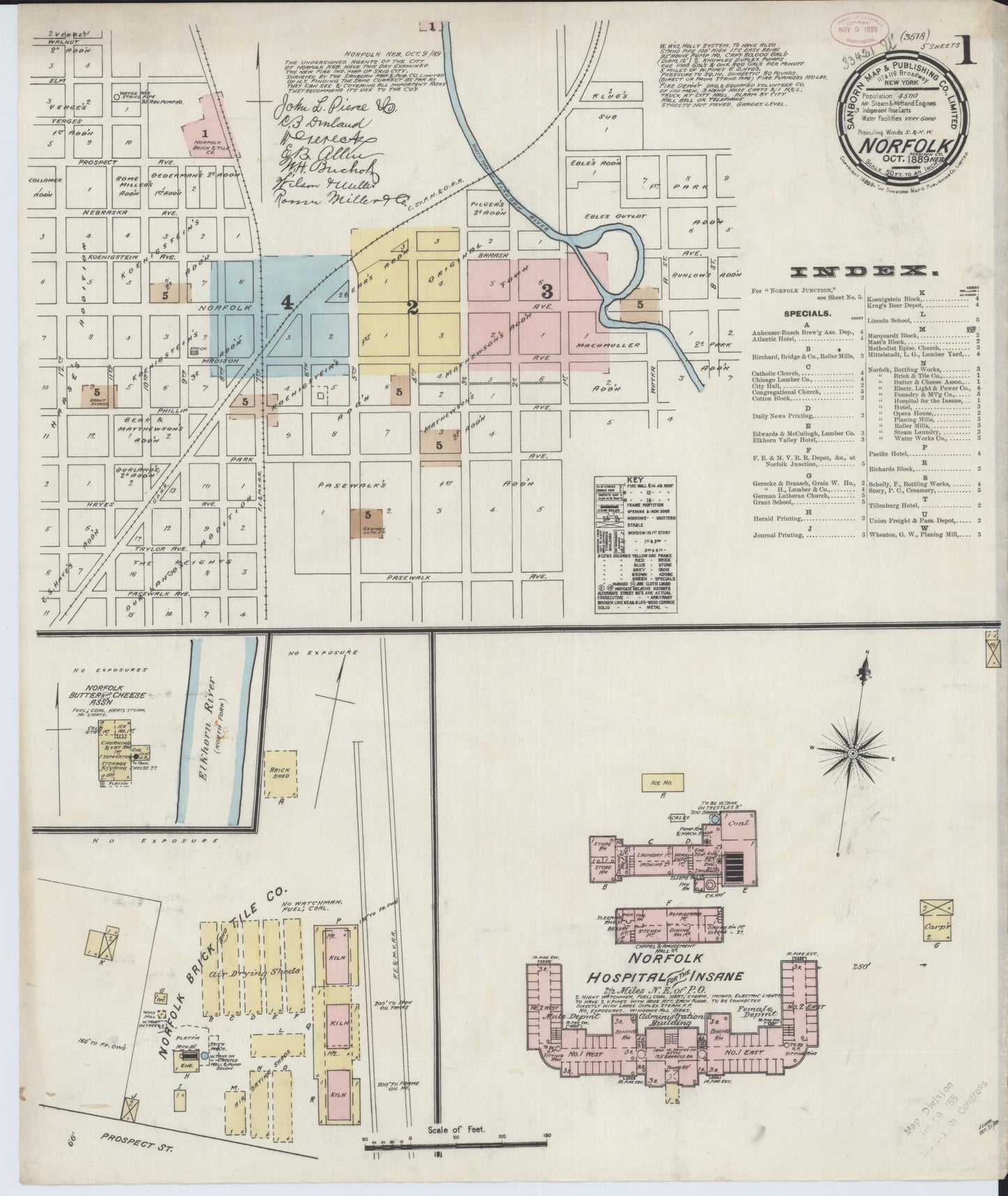 Sanborn Fire Insurance Map from Norfolk, Madison County, Nebraska (1889), Sheet #0001 - Historic Sanborn Fire Insurance Map Print, vintage old map wall art, antique decor, genealogy gift, Nebraska Nebraska map