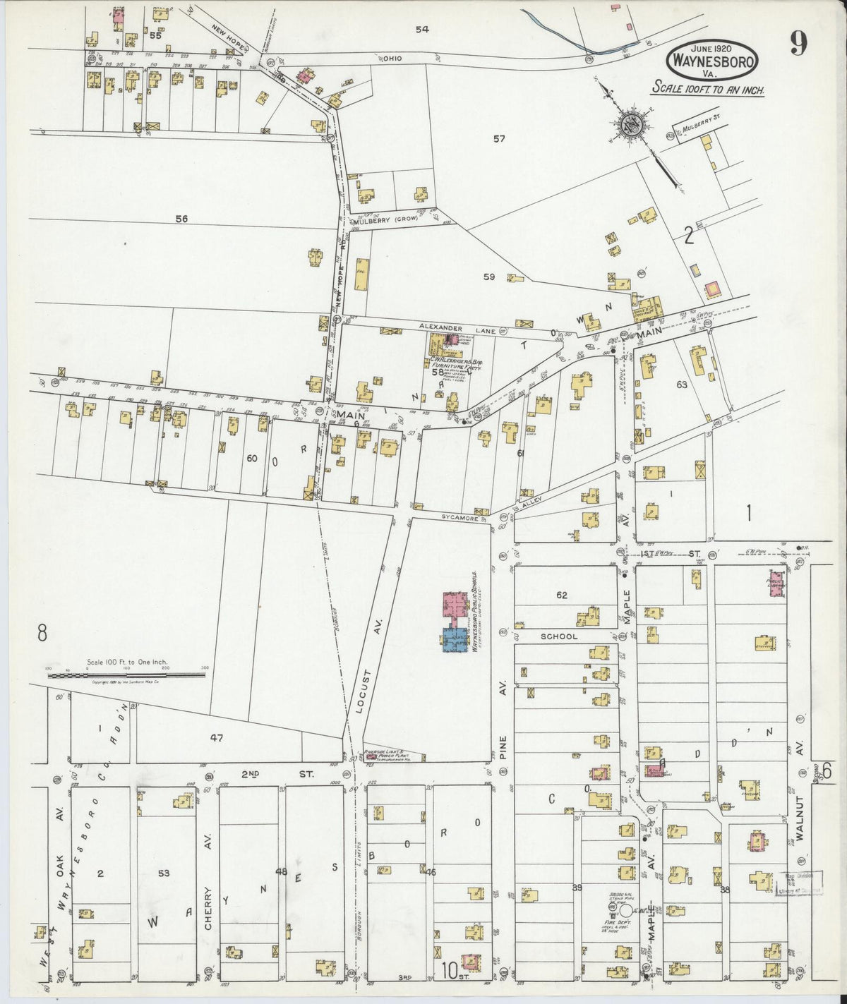 Sanborn Fire Insurance Map from Waynesboro, Independent Cities, Virginia (1920), Sheet #0009 - Complete Map Set gallery image, historic Sanborn map, vintage wall art, Virginia Virginia