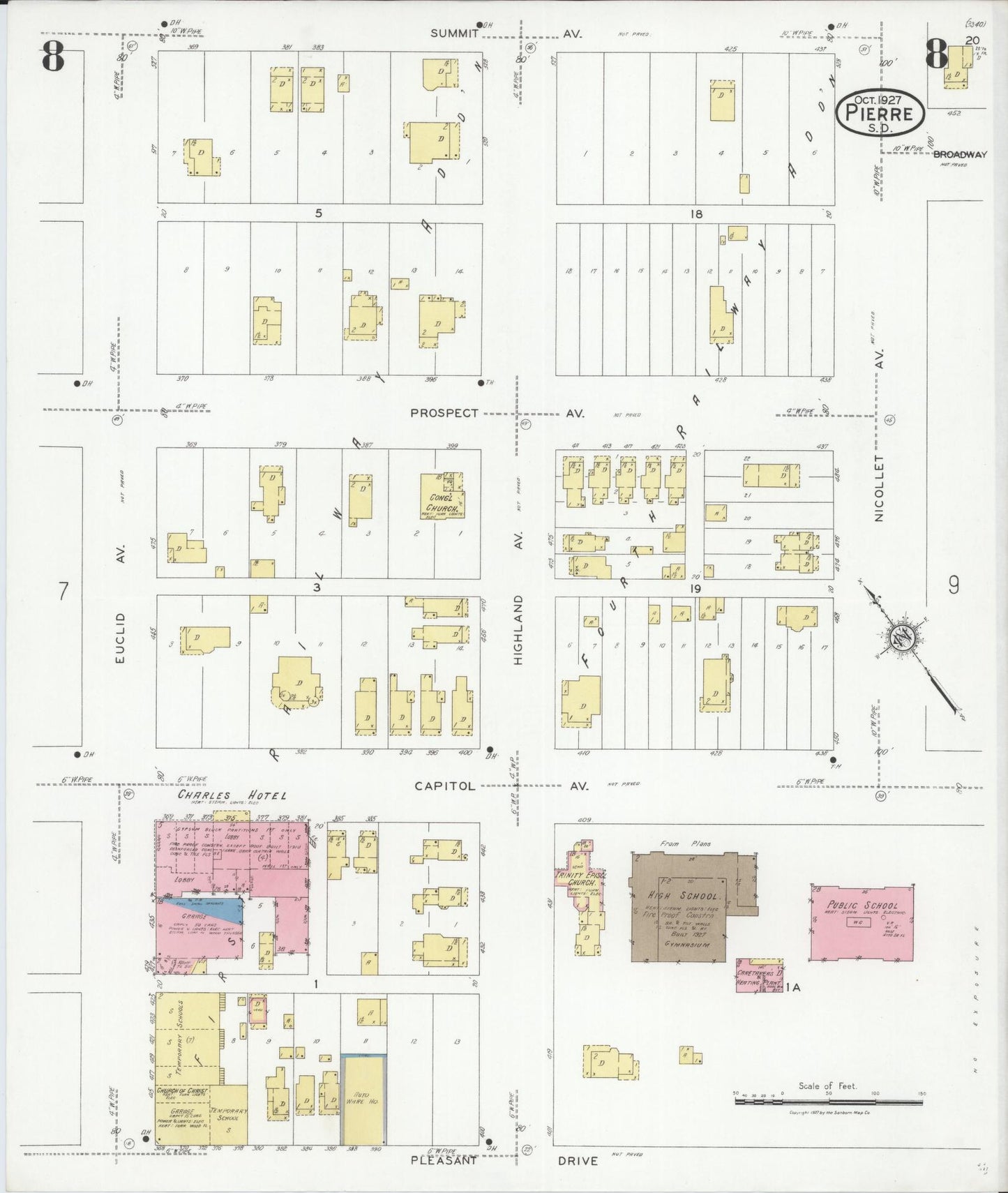 Sanborn Fire Insurance Map from Pierre, Hughes County, South Dakota (1927), Sheet #0008 - Historic Sanborn Fire Insurance Map Print, vintage old map wall art, antique decor, genealogy gift, South Dakota South Dakota map