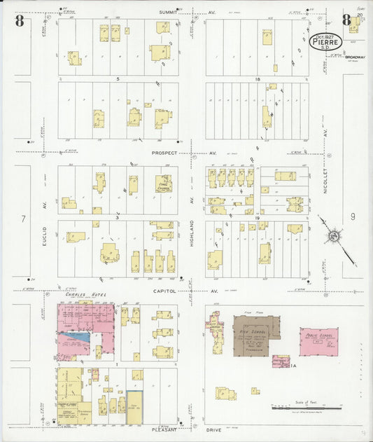Sanborn Fire Insurance Map from Pierre, Hughes County, South Dakota (1927), Sheet #0008 - Historic Sanborn Fire Insurance Map Print, vintage old map wall art, antique decor, genealogy gift, South Dakota South Dakota map