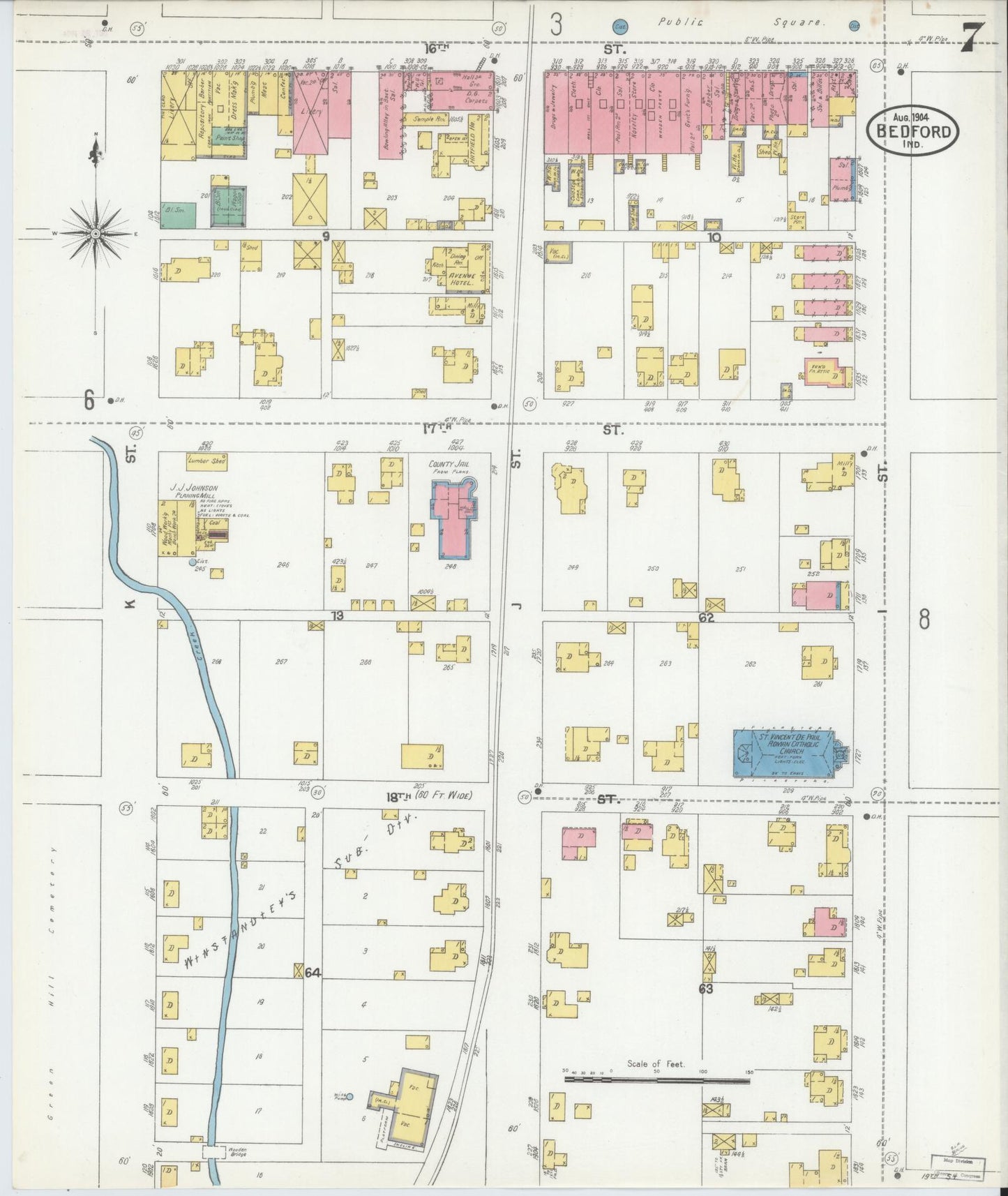 Sanborn Fire Insurance Map from Bedford, Lawrence County, Indiana (1904), Sheet #0007 - Complete Map Set gallery image, historic Sanborn map, vintage wall art, Indiana Indiana