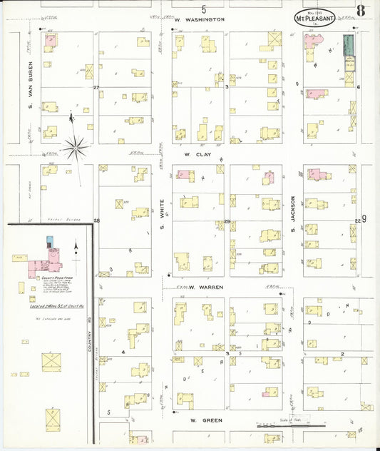 Sanborn Fire Insurance Map from Mount Pleasant, Henry County, Iowa (1909), Sheet #0008 - Historic Sanborn Fire Insurance Map Print, vintage old map wall art