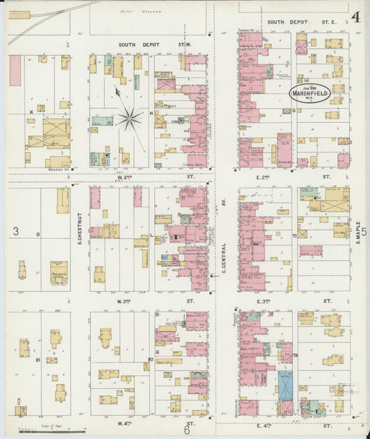 Sanborn Fire Insurance Map from Marshfield, Wood County, Wisconsin (1898), Sheet #0004 - Historic Sanborn Fire Insurance Map Print, vintage old map wall art, antique decor, genealogy gift, Wisconsin Wisconsin map