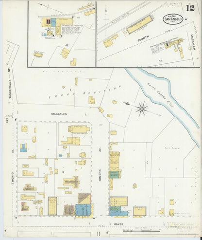 Sanborn Fire Insurance Map from San Angelo, Tom Green County, Texas (1904), Sheet #0012 - Historic Sanborn Fire Insurance Map Print, vintage old map wall art, antique decor, genealogy gift, Texas Texas map