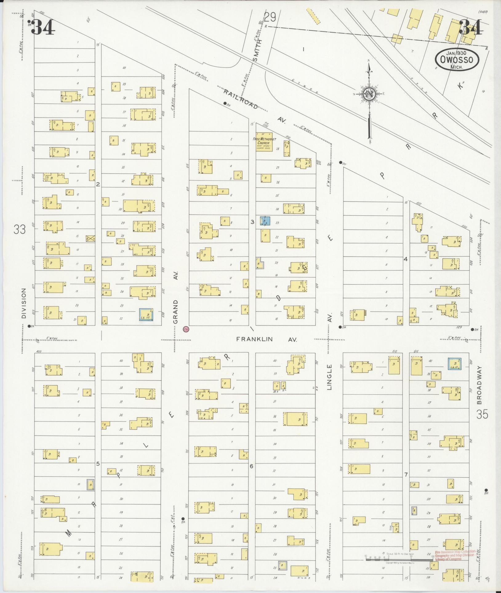 Sanborn Fire Insurance Map from Owosso, Shiawassee County, Michigan (1930), Sheet #0034 - Complete Map Set gallery image, historic Sanborn map, vintage wall art, Michigan Michigan