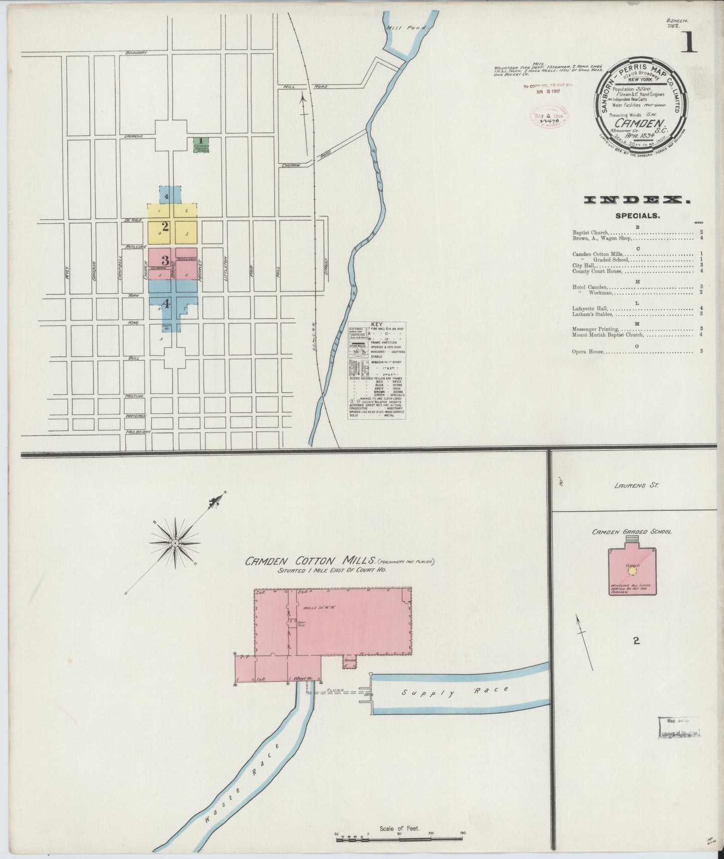 Sanborn Fire Insurance Map from Camden, Kershaw County, South Carolina (1894), Sheet #0001 - Complete Map Set gallery image, historic Sanborn map, vintage wall art, South Carolina South Carolina