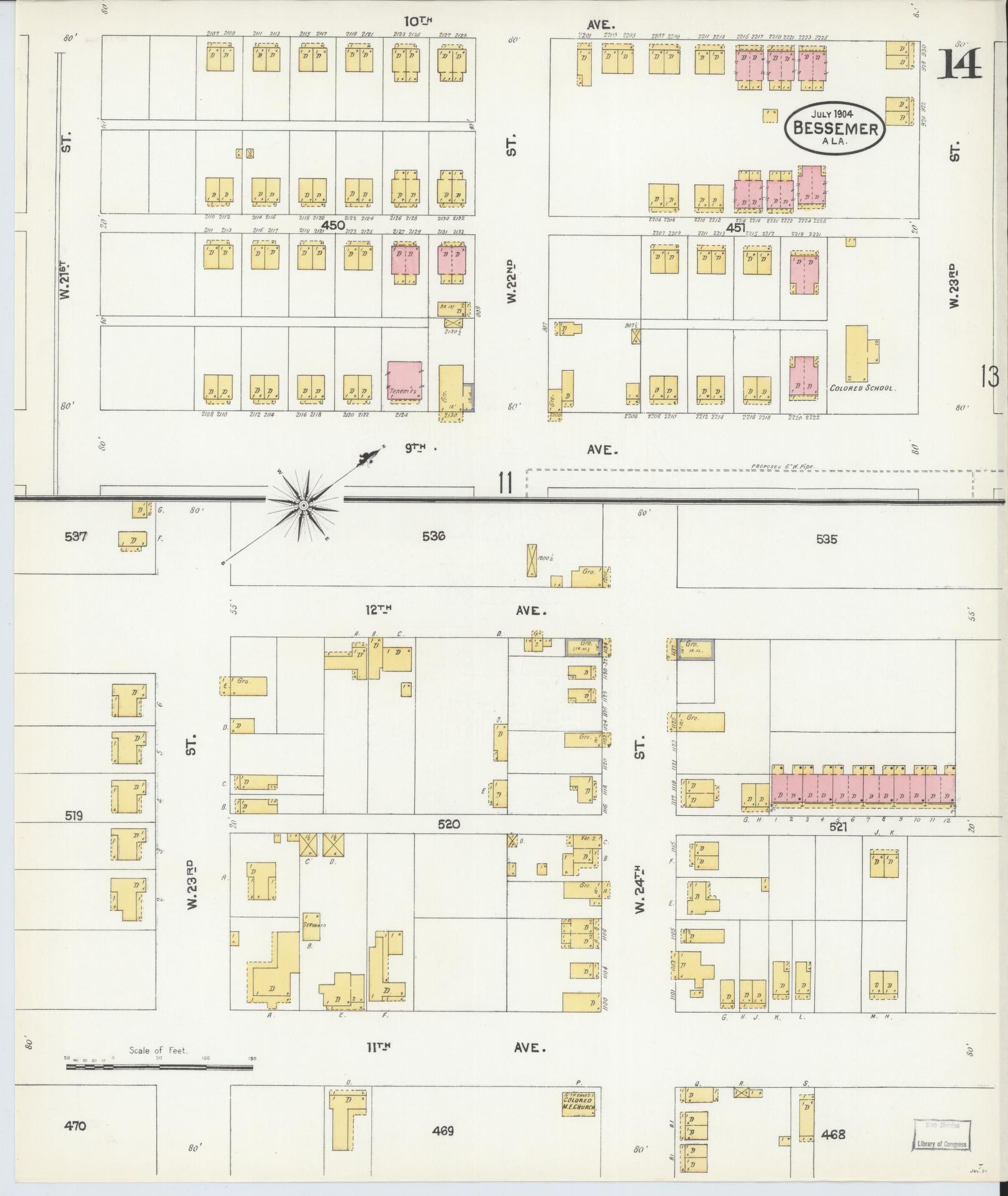 Sanborn Fire Insurance Map from Bessemer, Jefferson County, Alabama (1904), Sheet #0014 - Historic Sanborn Fire Insurance Map Print, vintage old map wall art, antique decor, genealogy gift, Alabama Alabama map